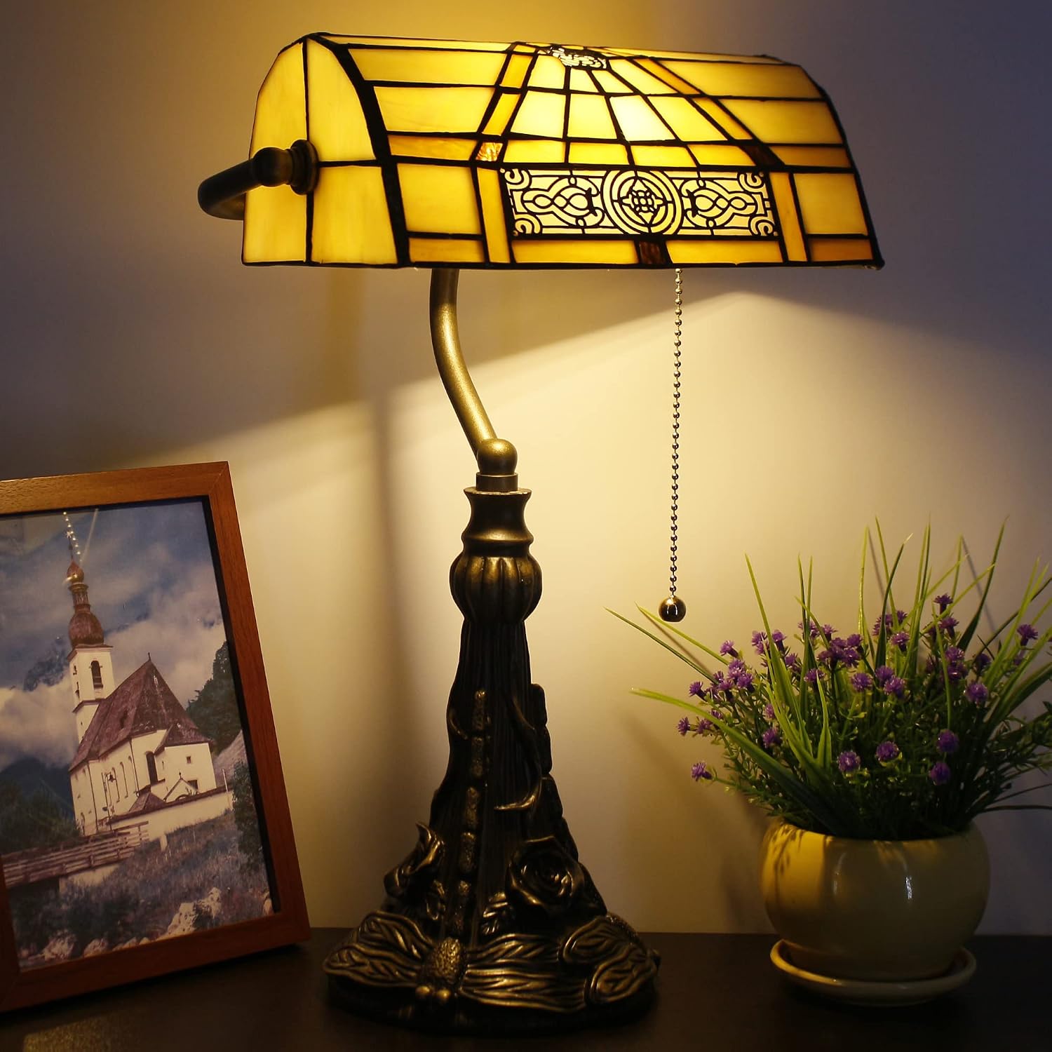 Tiffany Banker Lamp Small Stained Glass Table Lamp Tiffany Style Piano Light Yellow Mission Style Desk Lamp Angle Adjustable 10.6X15.7 Inch for Home Office Living Room Bedroom