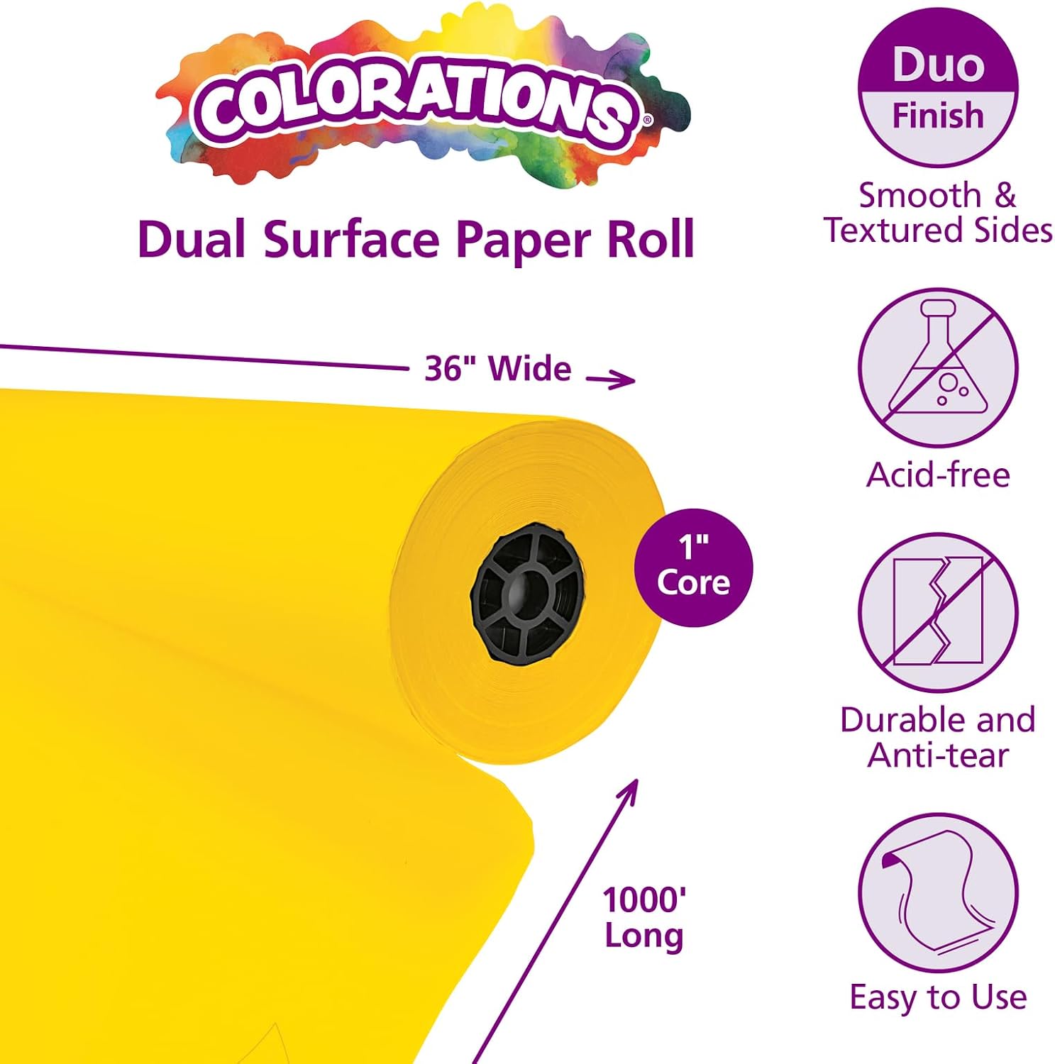 Colorations Dual Surface Paper Roll Classroom Supplies for Arts and Crafts Yellow (36' x 1000') (Item # DSYE)