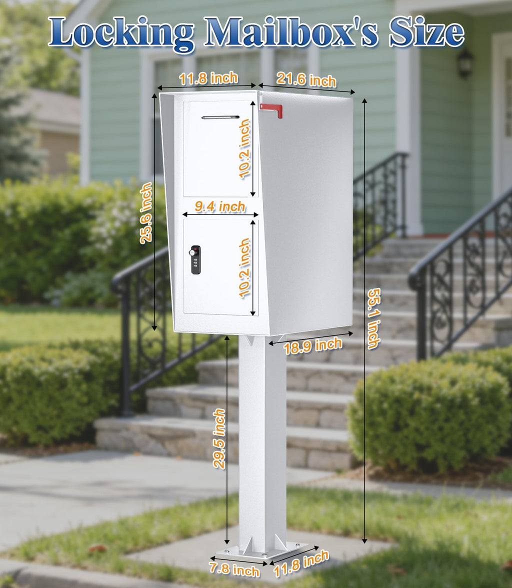 All-in-One Secure Curbside Locking Mailbox for Packages & Mail, Galvanized Steel with Combination Lock & Key, Anti-Theft Rainproof Design, Spacious Interior (White)