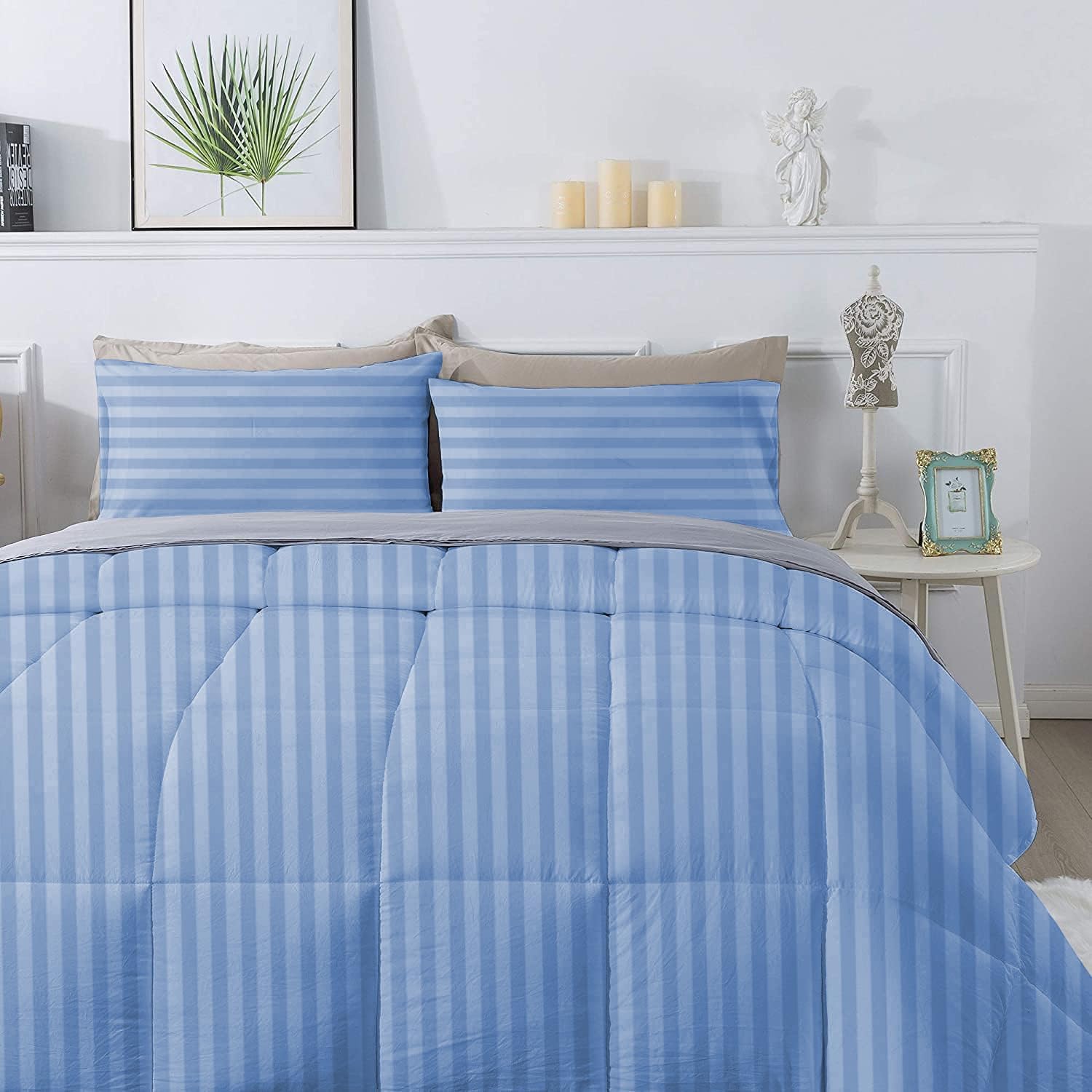 3 Piece 100% Egyptian Cotton 800 Thread Count Comforter Set Full/Queen Size (90' x 90') Inch 400 GSM Luxurious Hotel Collection Ultra-Soft Comforter Set- Light Blue Stripe
