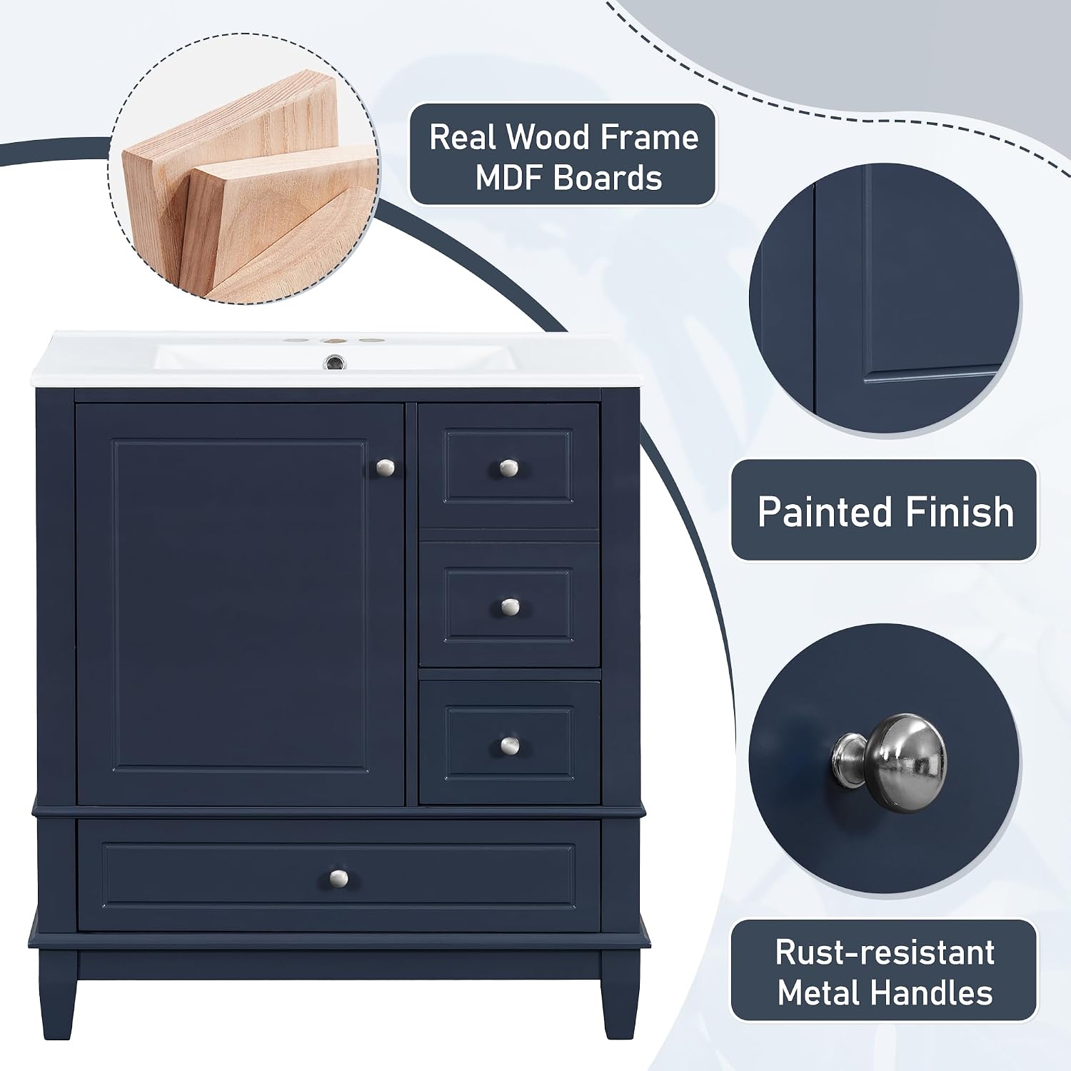 Harper & Bright Designs 30' Bathroom Vanity with Sink, Free Standing Single Basin Vanity Set with One Door and Three Drawers, Solid Wood Bathroom Cabinet with Ceramic Basin for Bathroom, Blue