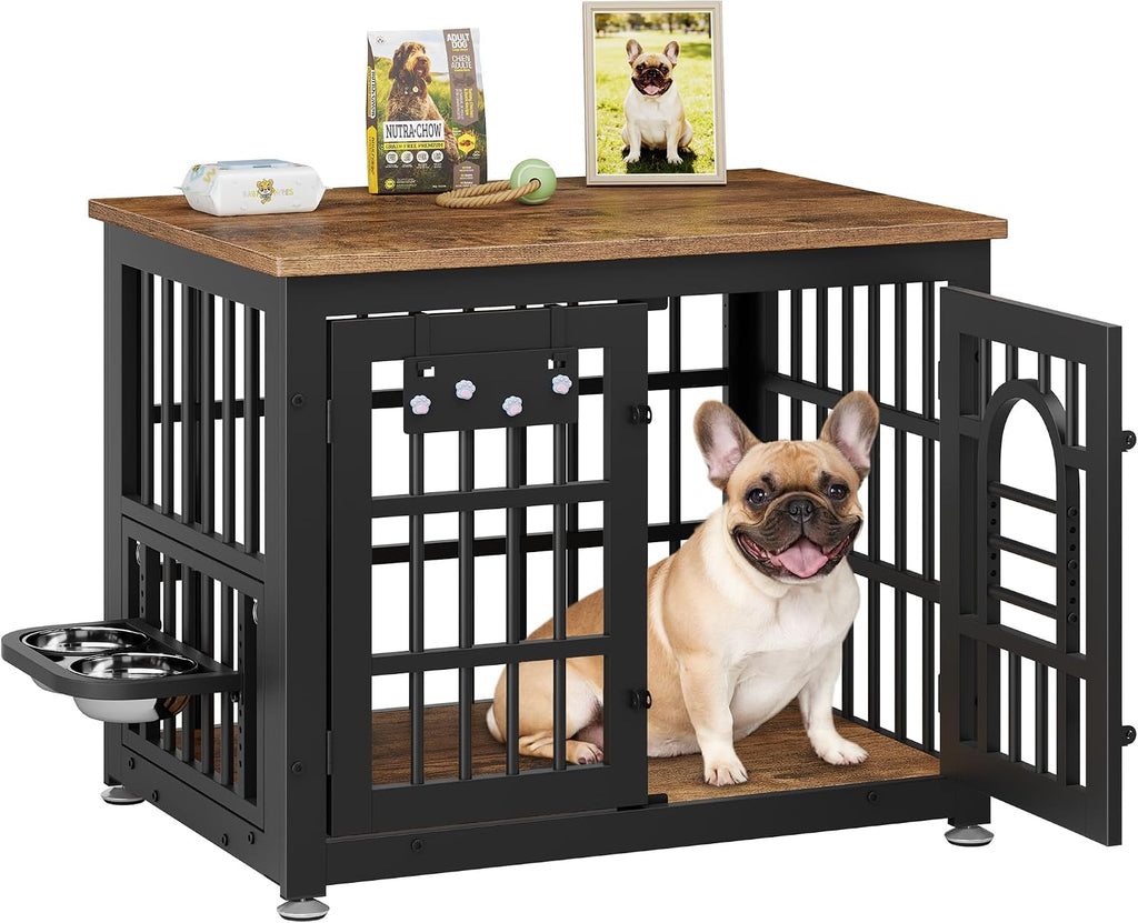 Lulive Dog Crate Furniture 31.5' Wooden Dog Kennel Table with Bowls Heavy Duty Dog Crates for Small/Medium/Large Dogs, Dog Kennel Furniture Indoor as TV Stand End Table,Brown