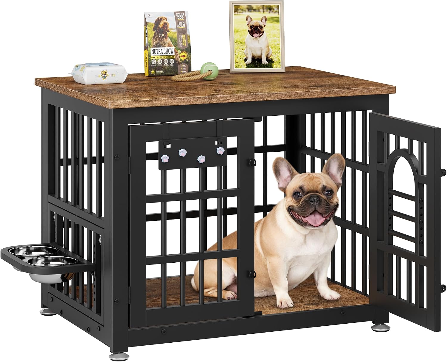 Lulive Dog Crate Furniture 31.5' Wooden Dog Kennel Table with Bowls Heavy Duty Dog Crates for Small/Medium/Large Dogs, Dog Kennel Furniture Indoor as TV Stand End Table,Brown