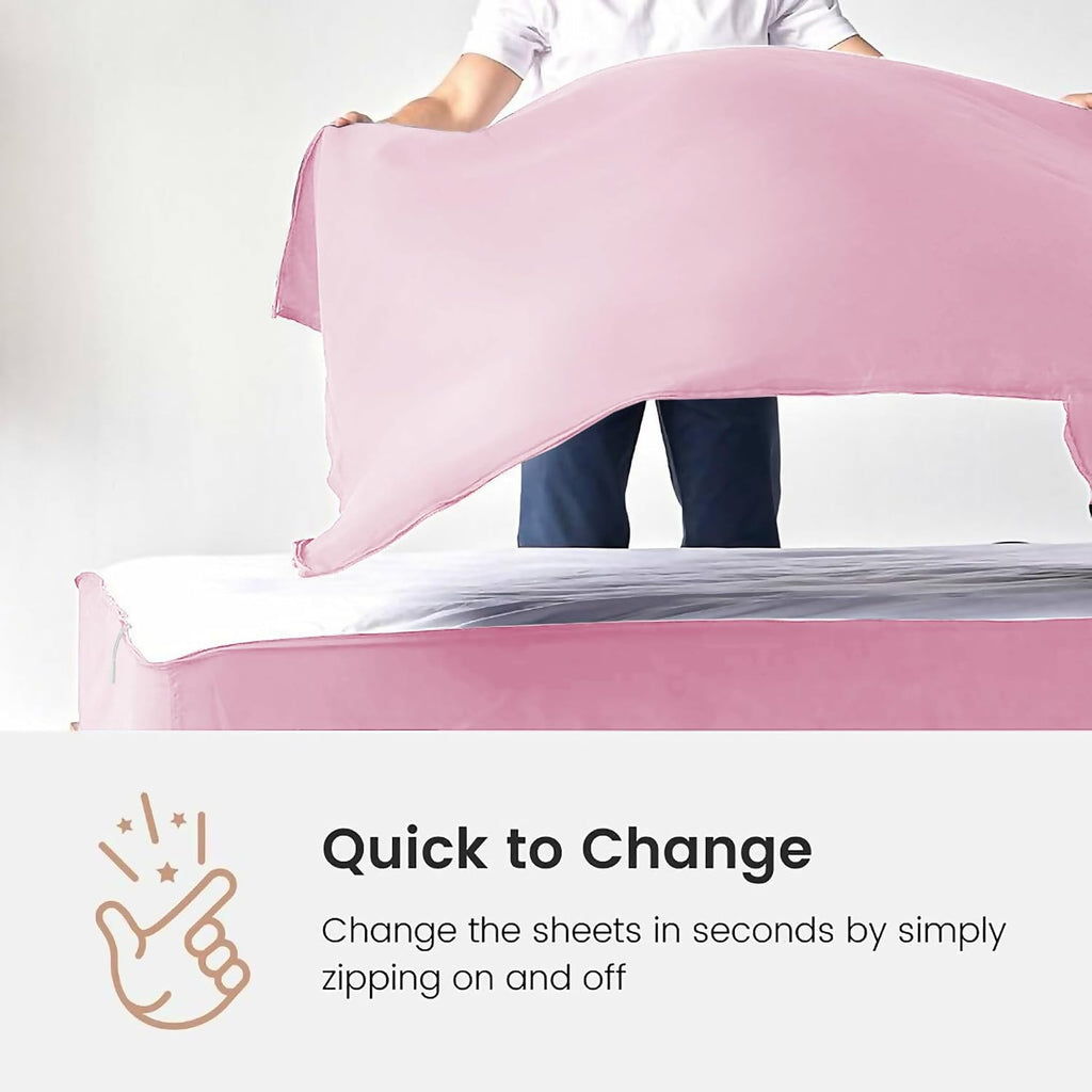 Cotton Zip Fitted Sheet Queen - 2 Zip Sheets & 1 Fitted Sheet Base - Upto 16' Deep Pocket Queen Size Zipper Sheets - Soft & Luxury 600 TC 100% Cotton - Baby Pink
