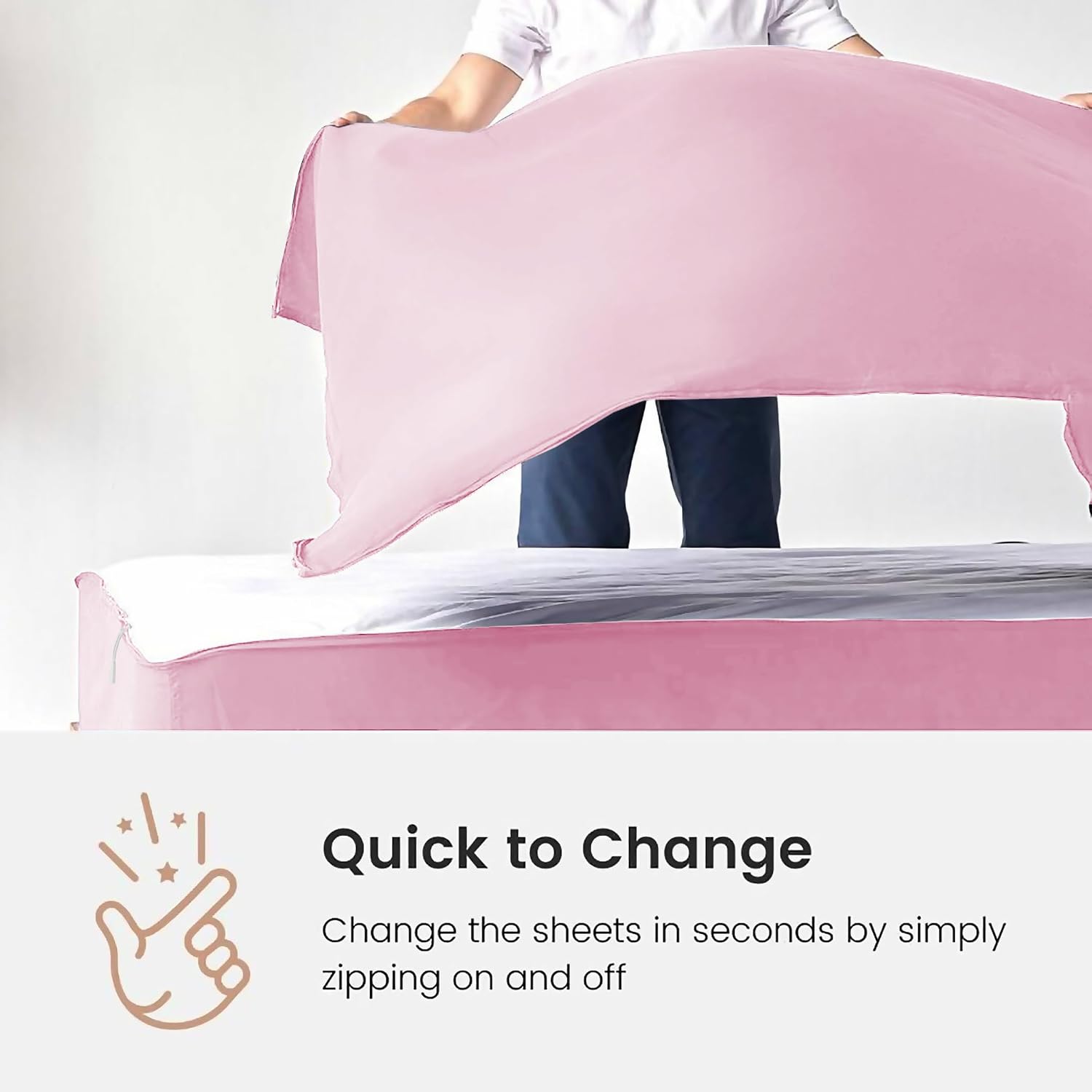 Zipper Fitted Sheet - Includes 1 Fitted Sheet Base & 2 Zip-On Sheets - Upto 16' in. Deep Pockets Queen Size Zipper Fitted Sheet - Easy to Change, Sateen Cotton 600 TC Fitted Sheet - Baby Pink