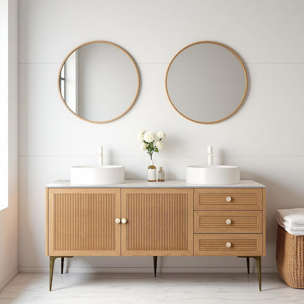 60' Bathroom Vanity with Double Ceramic Sinks, Freestanding Plywood Storage Cabinet with 3 Drawers and 2 Soft Close Doors, 5 Metal Legs, Modern Wooden Bathroom Vanities, Pre-Assembled, Oak