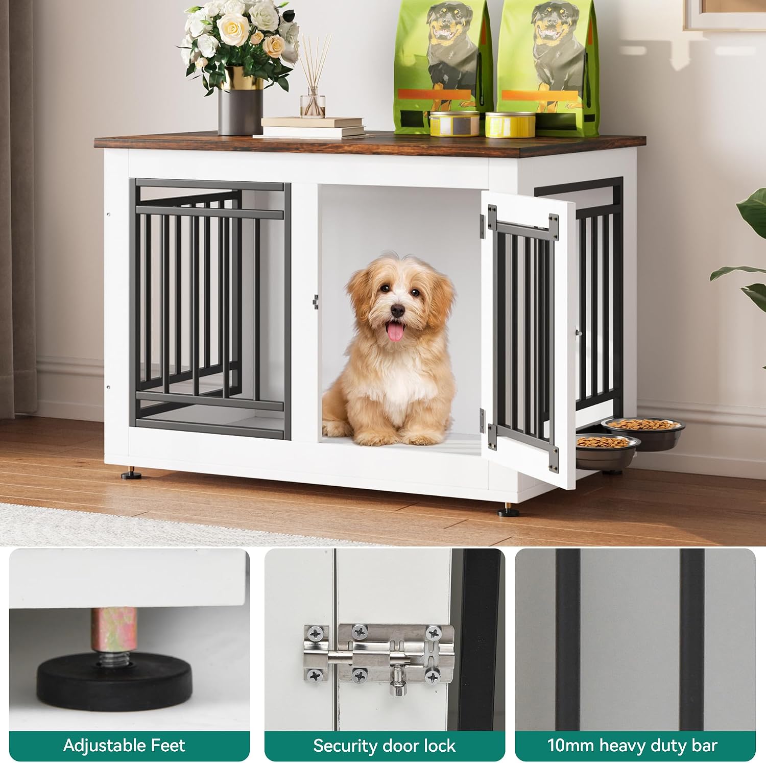 YITAHOME 28' Dog Crate Furniture, Wooden Side End Table with Adjustable Feet and Removable Bowls, Dog Kennel Indoor for Small Dogs