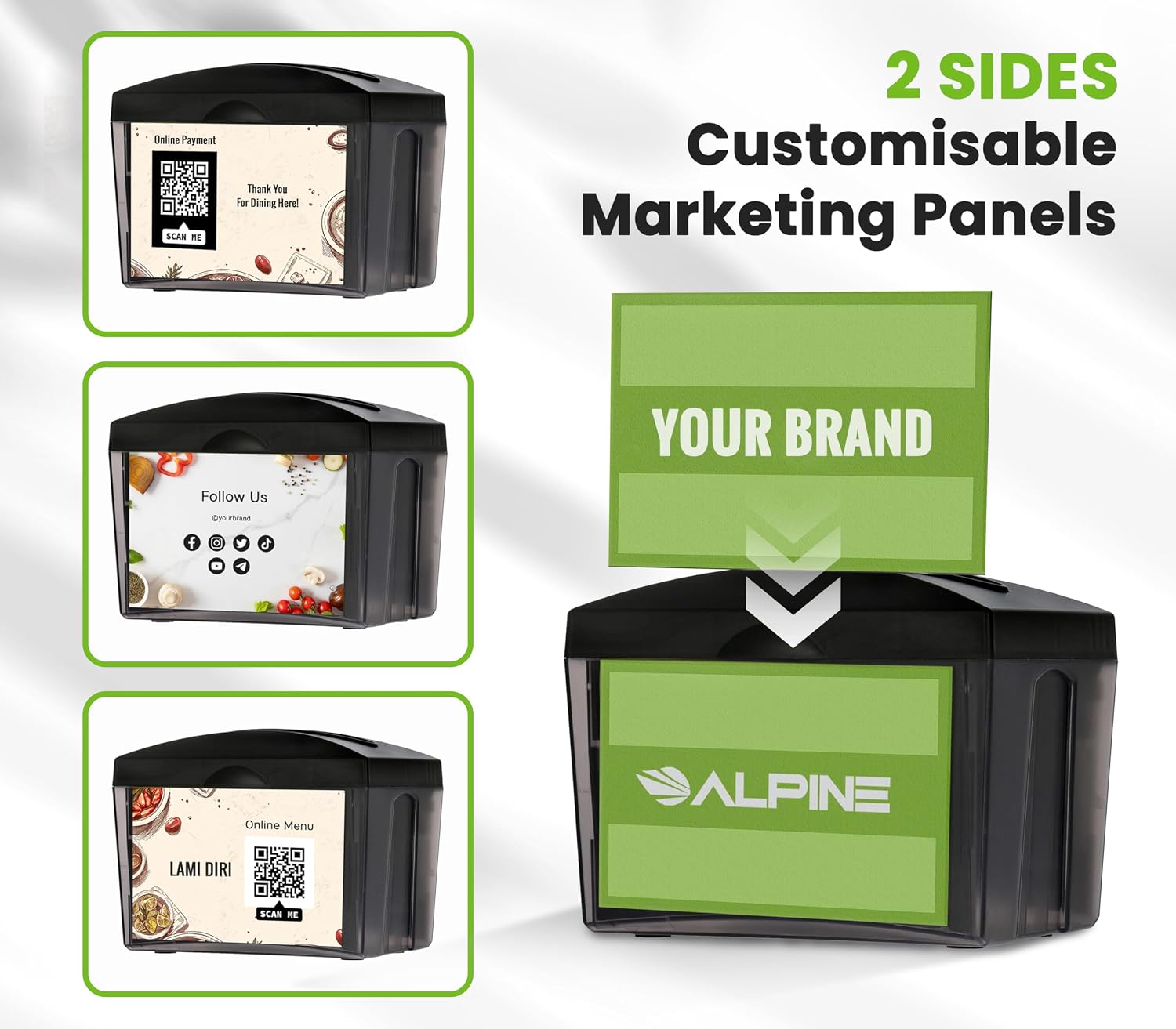 Alpine 6 Pack Tabletop Commercial Napkin Dispenser Restaurant Napkin Holder for Interfold Napkins with 2 Side Marketing Space Insert for Restaurants, Cafeterias, Food Trucks, Clubs - Black