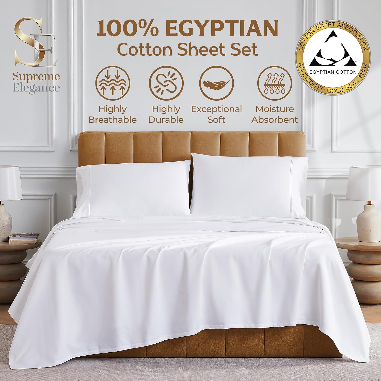 SUPREME ELEGANCE 100% Egyptian Cotton Full Bed Sheets Set, 1000 Thread Count, Hotel Luxury Sateen Bedding, Super Soft, Breathable & Moisture Wicking Sheets, 18' Deep Pocket Fitted Sheet, Arctic White