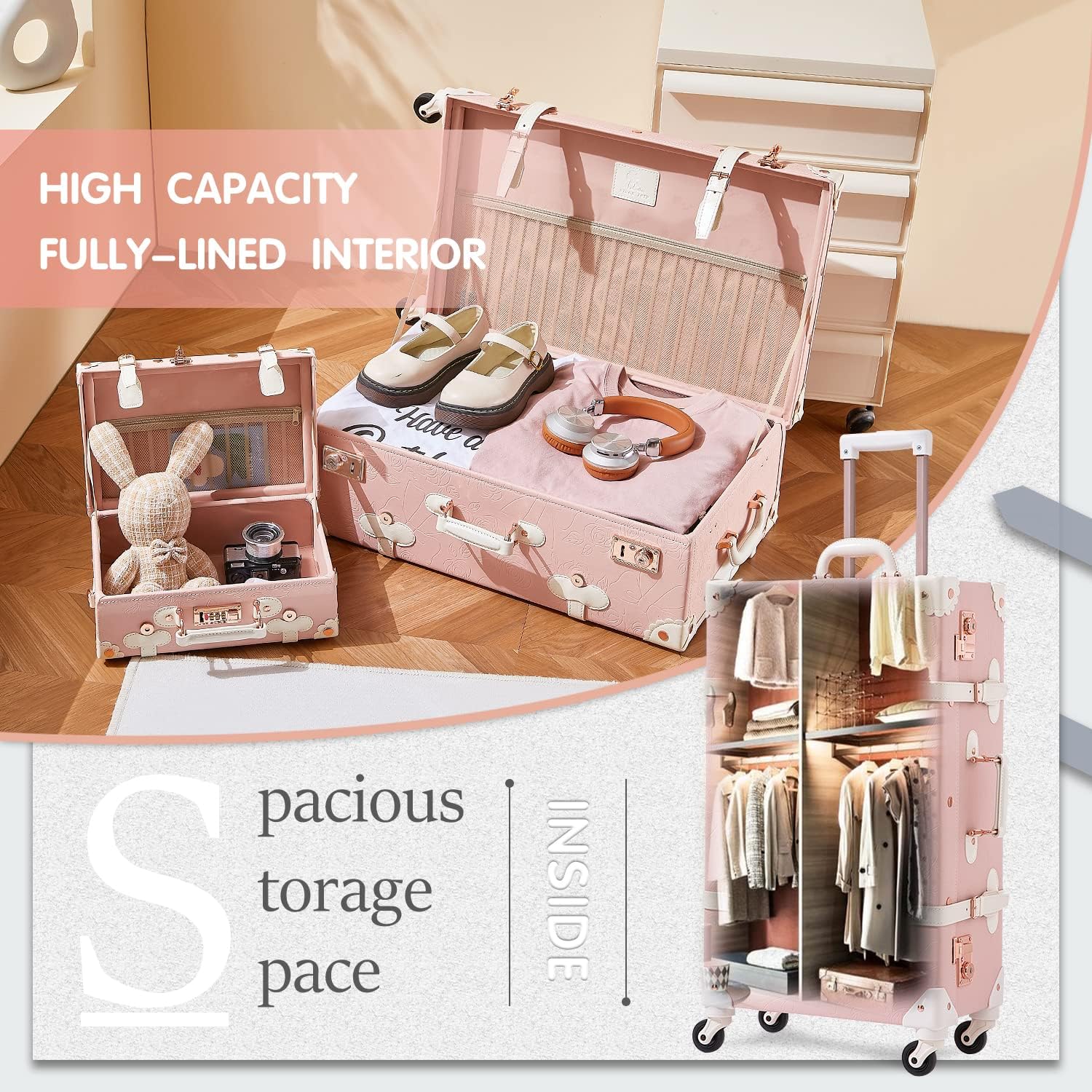 Unitravel 2 Piece Vintage Suitcase Set, 26' Women Cute Travel Luggage with 12' Handbag, Hardside Faux Leather Spinner Trunk with TSA Lock (Embossed Pink)