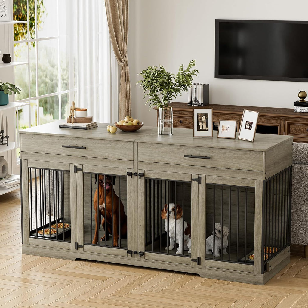 Rophefx 72' Dog Crate Furniture for 2 Dogs, Large Double Dog Kennel Indoor Furniture with 2 Storage Drawers and Removable Divider, Wooden Dog Cage with 4 Bowls, Dog House TV Stand for Medium Dog, Grey