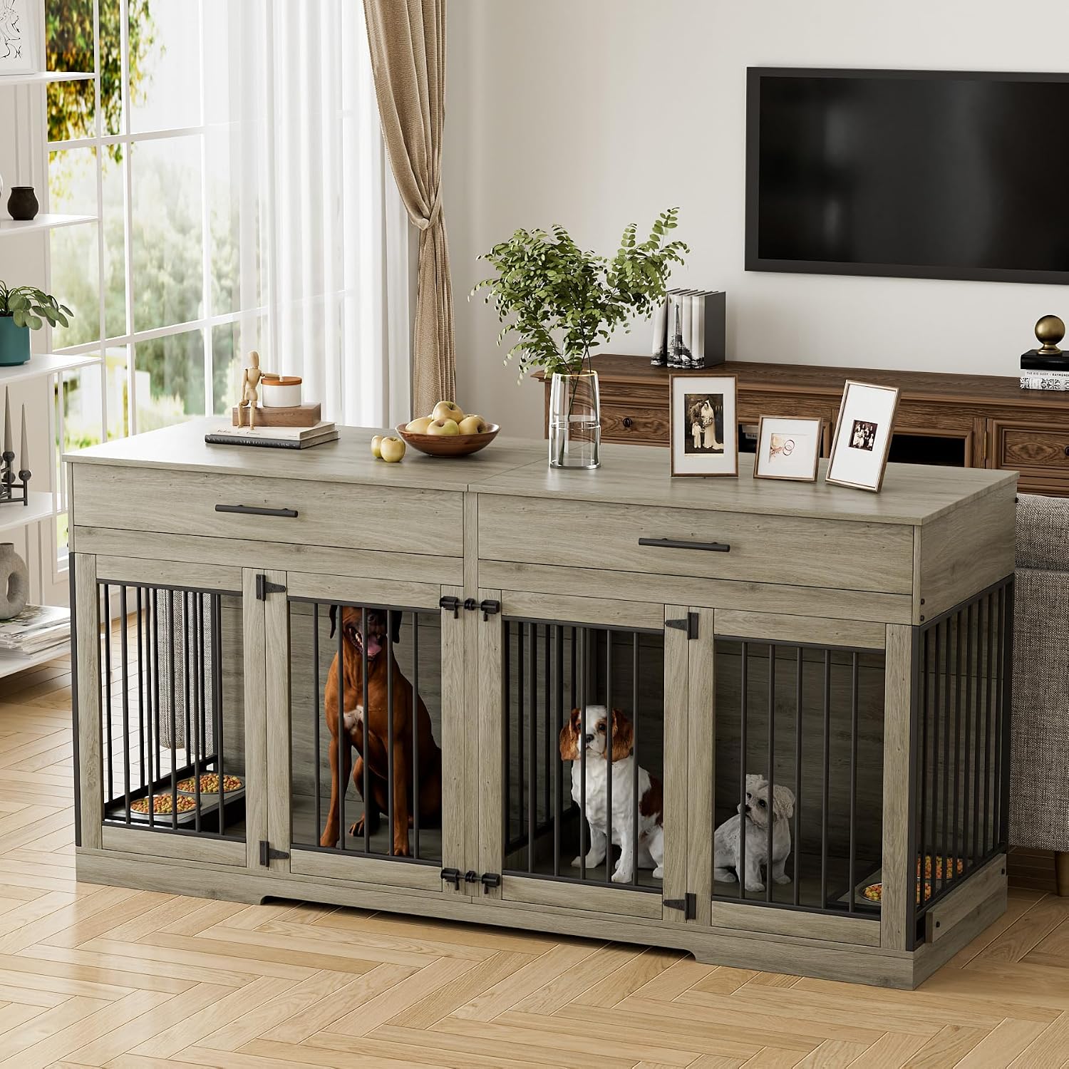 Rophefx 72' Dog Crate Furniture for 2 Dogs, Large Double Dog Kennel Indoor Furniture with 2 Storage Drawers and Removable Divider, Wooden Dog Cage with 4 Bowls, Dog House TV Stand for Medium Dog, Grey