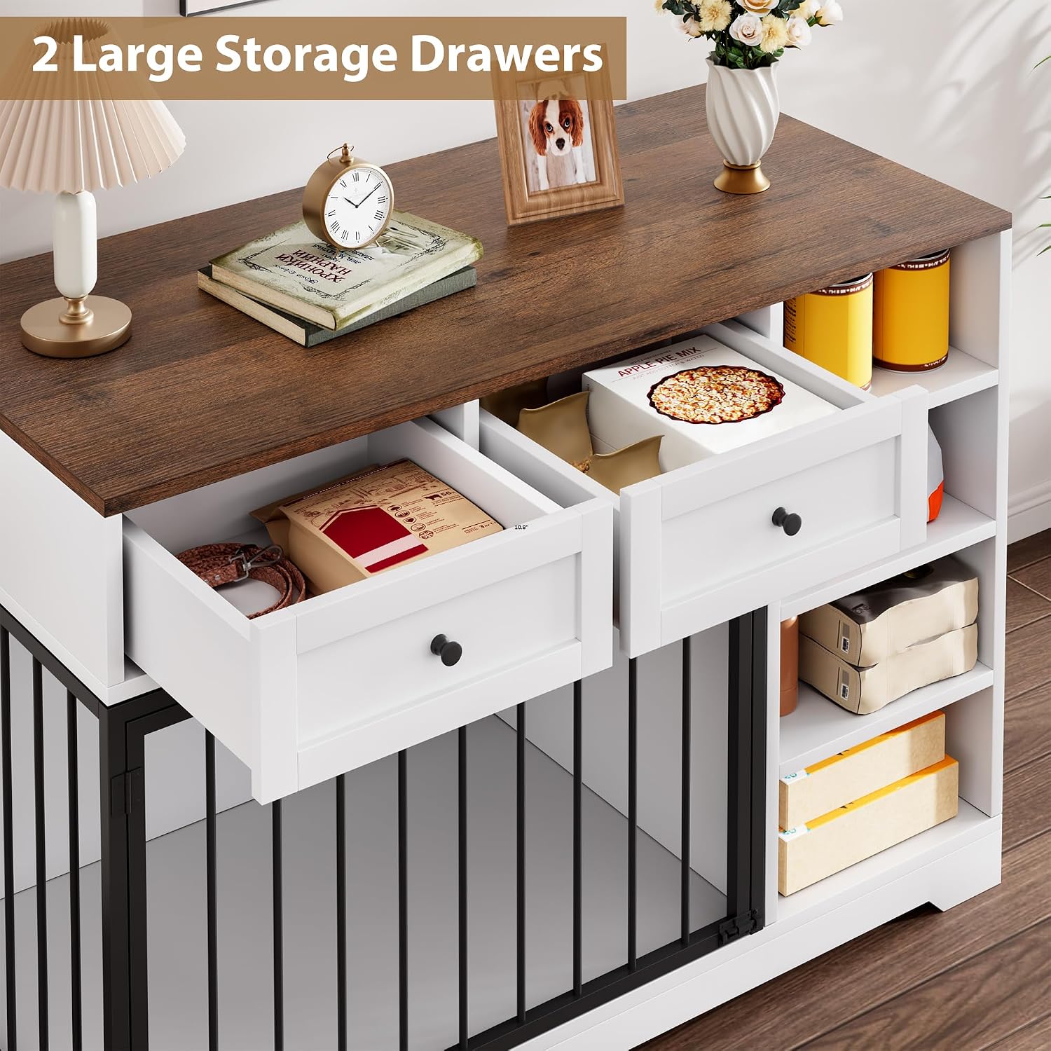 GarveeHome Dog Crate Furniture 47', Large Dog Crate TV Stand with 2 Drawers and 4 Shelves, Wooden Dog Kennel Indoor, Decorative Dog Cage with Storage for Large Dogs, White