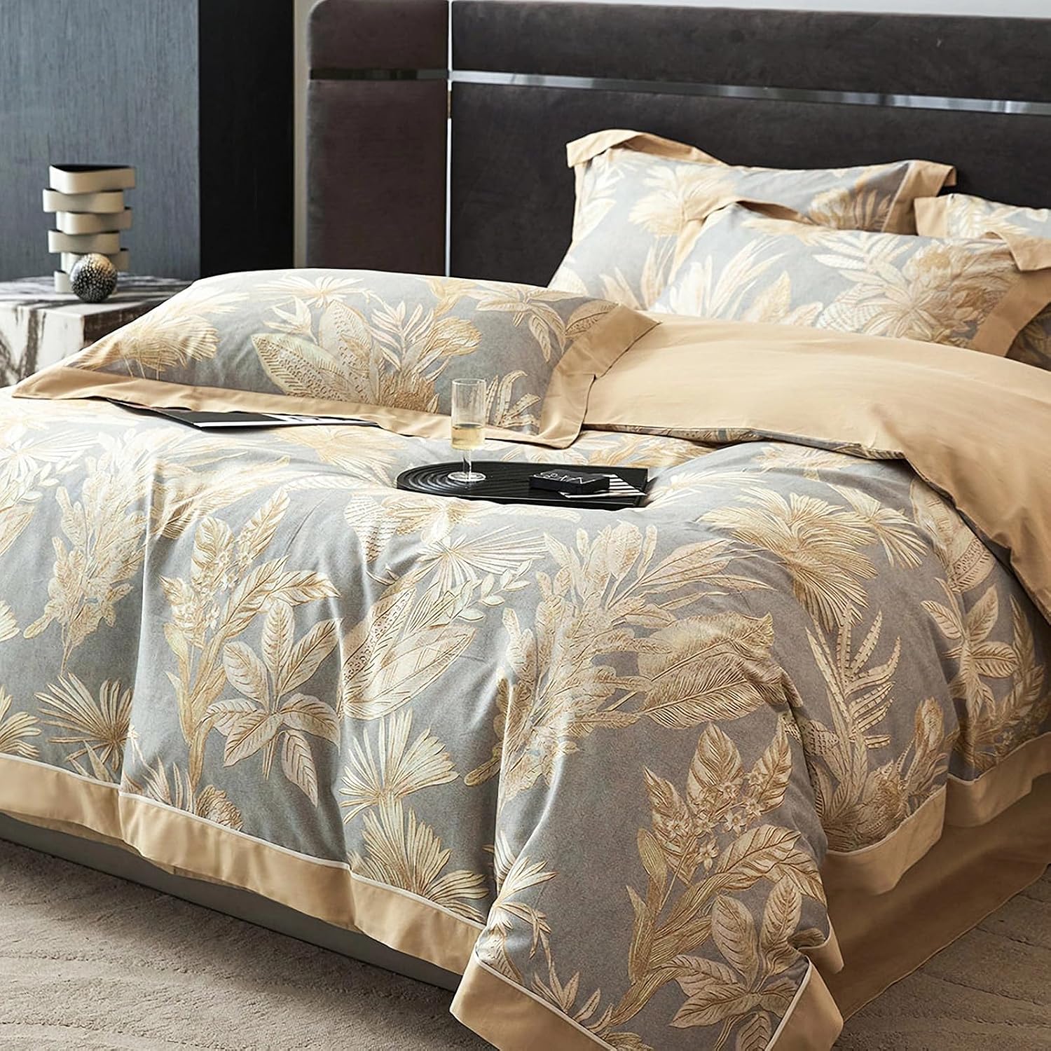 100% Cotton Duvet Cover Queen Size Set, Luxury Reversible Botanical Floral Patterned, Ultra Soft & Breathable Bedding for All Season Comfort, 3 Pieces (90'x90')