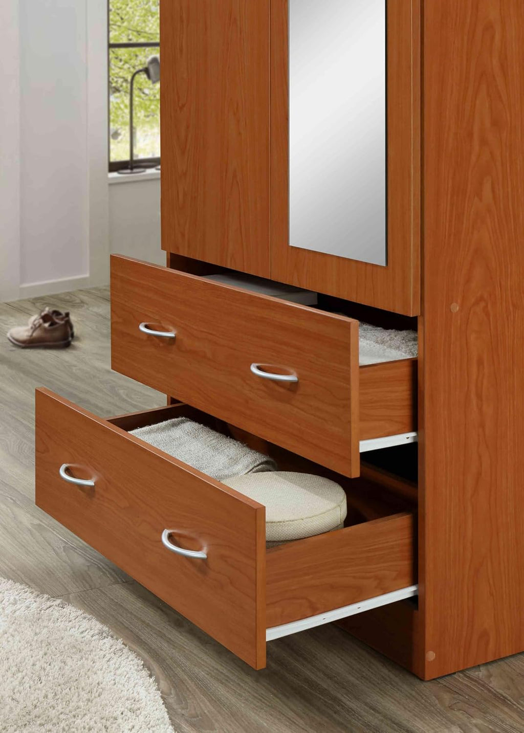 HODEDAH 2 Door Wood Wardrobe Bedroom Closet with Clothing Rod Inside Cabinet, 2 Drawers for Storage and Mirror, Cherry