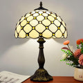 Tiffany Lamp Stained Glass Table Lamp - Antique Bedside Desk Reading Light With 3-Way Color LED - Living Room Nightstand 12X12X19 Inches - Home Office Desk Lamp - Cream White Pearls Style