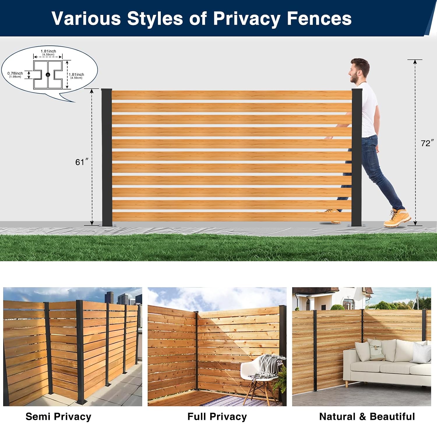 5 Feet Aluminium Alloy Fence Post, Matte Black Metal Wood Fence Column for Outdoor Privacy Panels(4 Pack Line Post)