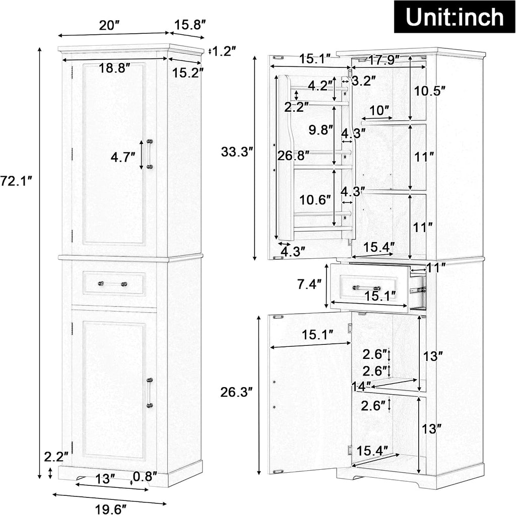 Tall Bathroom Storage Cabinet, Freestanding Bathroom Accent Storage Cabinet with Doors & Adjustable Shelves & Built-in Door Shelf for Home Kitchen, Living Room (Black Style3)