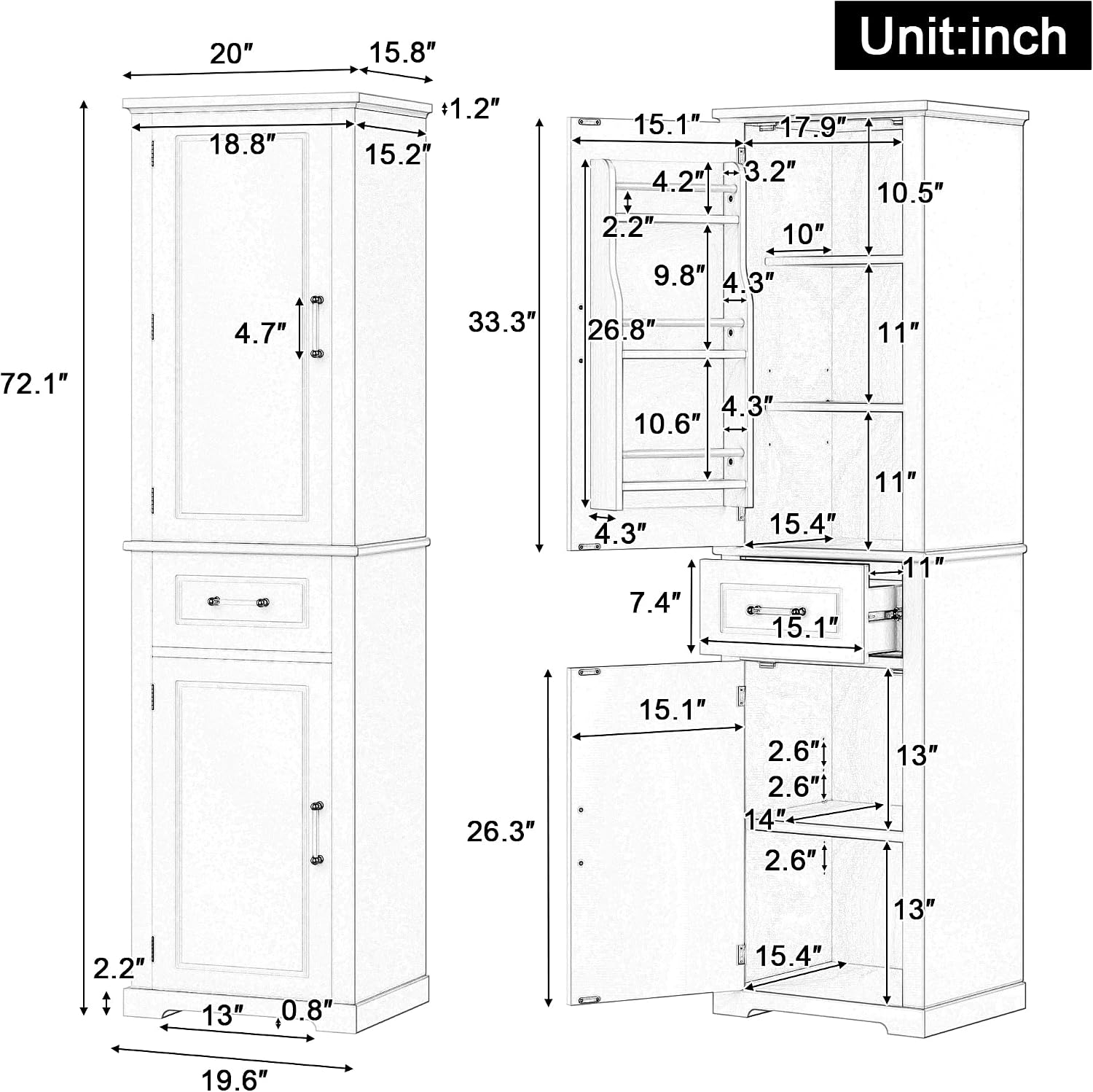 Tall Bathroom Storage Cabinet, Freestanding Bathroom Accent Storage Cabinet with Doors & Adjustable Shelves & Built-in Door Shelve for Home Kitchen, Living Room (White Style3)
