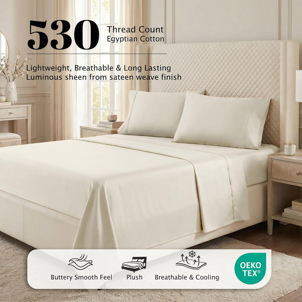 Superior Egyptian Cotton 530 Thread Count Bed Sheet Set, 1 Elastic Deep Pocket Fitted Sheet, 1 Flat Sheet, 2 Pillowcases, Soft Bedding, Luxury Sheets, Sateen Weave, California King Size, Ivory