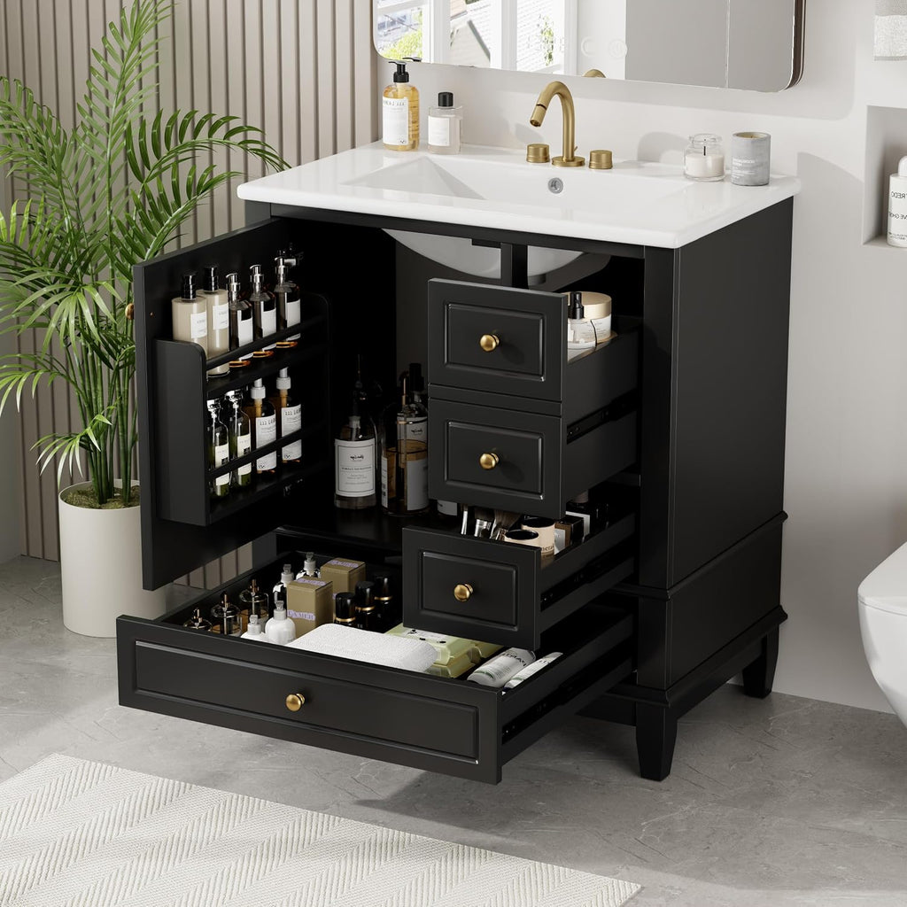 Harper & Bright Designs 30' Bathroom Vanity with Sink, Free Standing Single Basin Vanity Set with One Door and Three Drawers, Solid Wood Storage Cabinet with Ceramic Basin for Bathroom, Black