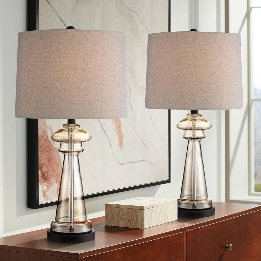 360 Lighting Dalia Traditional Country Cottage Table Lamps 27' Tall Set of 2 Clear Champagne Glass Taupe Tapered Drum Shade for Bedroom Living Room House Bedside Nightstand Office Family