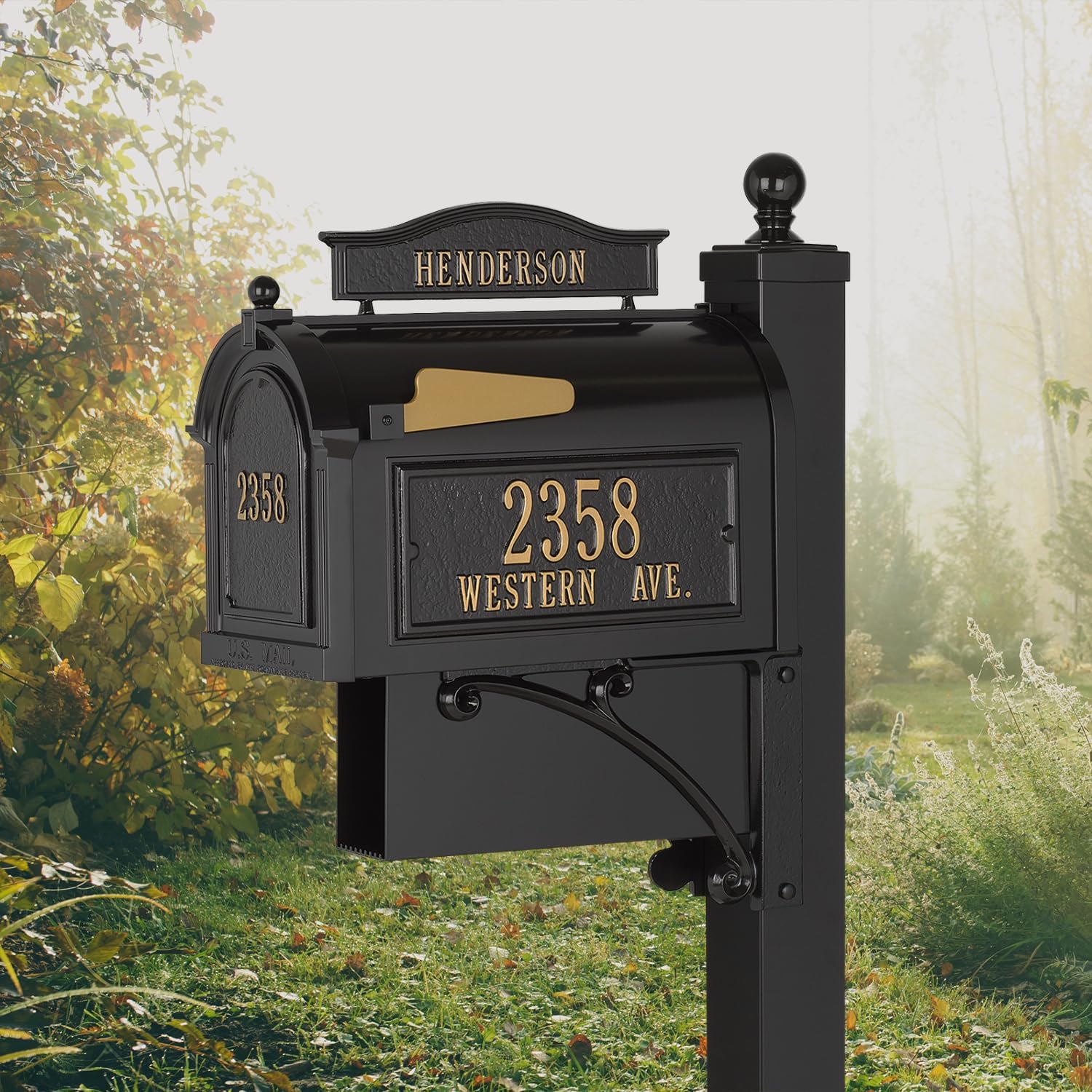 Whitehall Ultimate Mailbox Package, Personalized Large Mailbox with Post and Address Plaque for Outside - Black/Gold