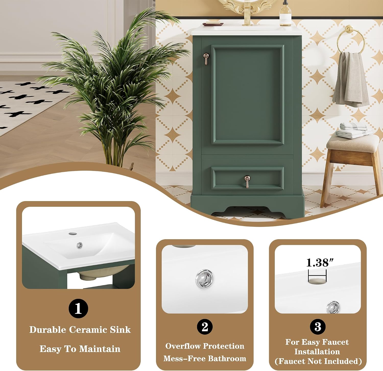 20 Inch Green Bathroom Vanity with Ceramic Sink and 1 Divider Drawer, Modern Bathroom Cabinet with Adjustable Shelf, Over Door Storage Rack and Soft Close Door