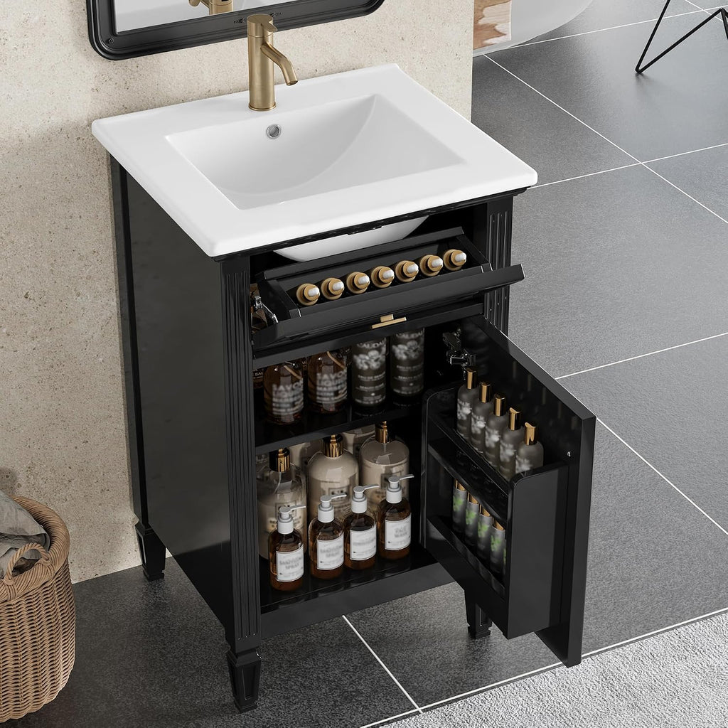 Harper & Bright Designs 20' Bathroom Vanity with Sink, Free Standing Vanity Set with Tip-Out Drawer, Storage Racks, and Adjustable Shelf, Wood Bathroom Cabinet with Ceramic Basin for Bathroom, Black