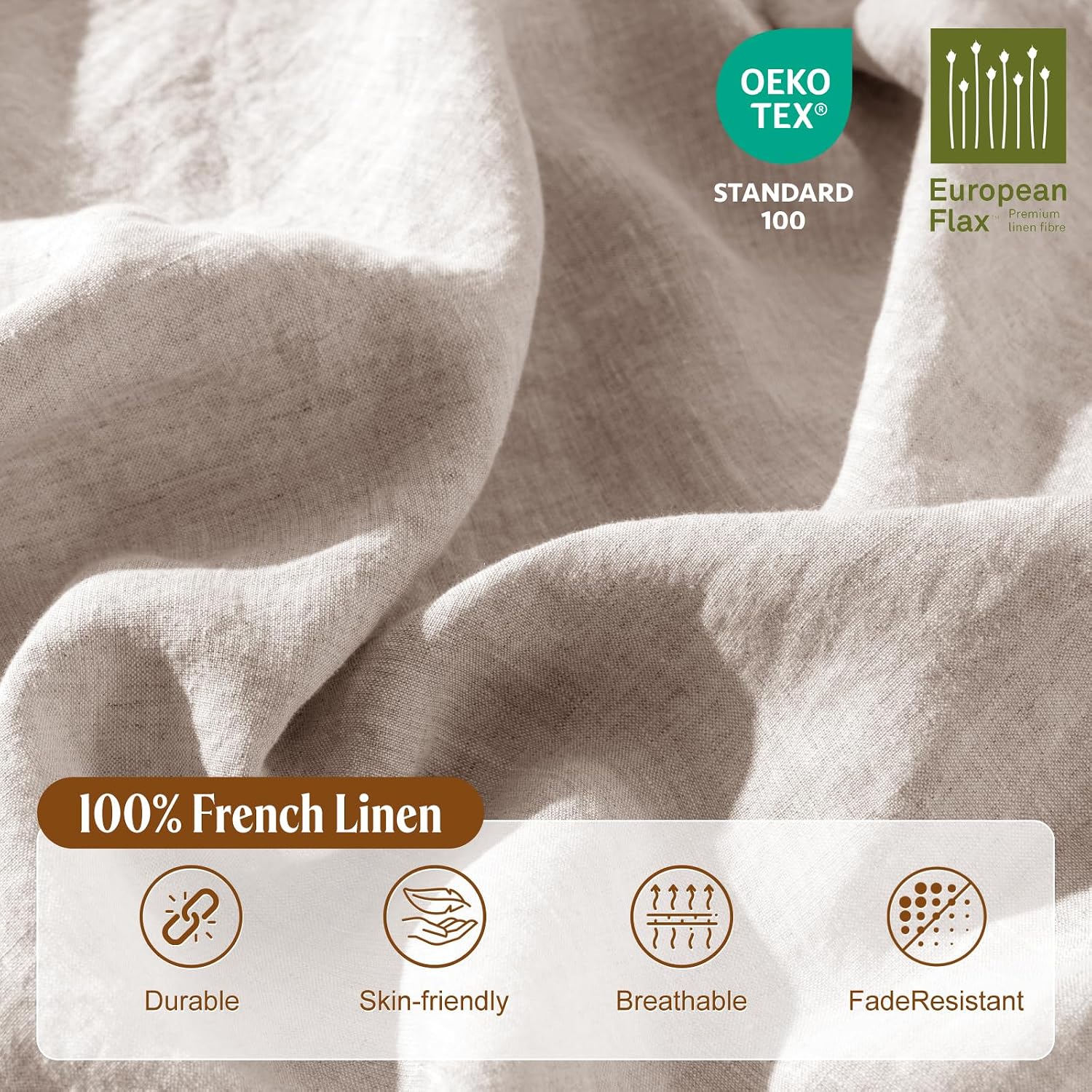 LBRO2M 100% France Linen Duvet Cover Set 3 Pcs Flax Comforter Cover with Zipper Closure 2 Pillowcase 1 Breathable Duvet Cover Full Size, Linen Color