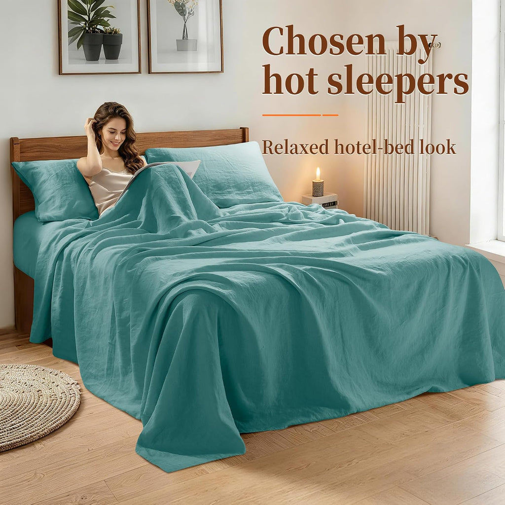 100% Pure Linen Sheet Set for Hot Sleepers, Breathable Natural Linen Sheets 4pcs, Bedding Set Deep Pocket Up to 16' Moisture-Wicking, Softens with Every Wash (Aqua Full)