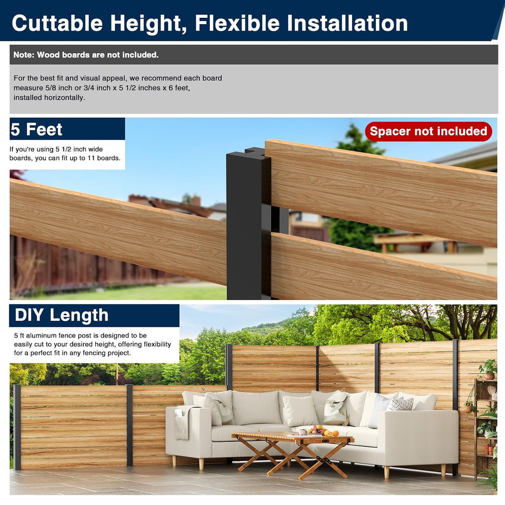 5 Feet Aluminium Alloy Fence Post Matte Black Metal Wood Fence Column for Outdoor Privacy Panels(2 Pack Line Post)