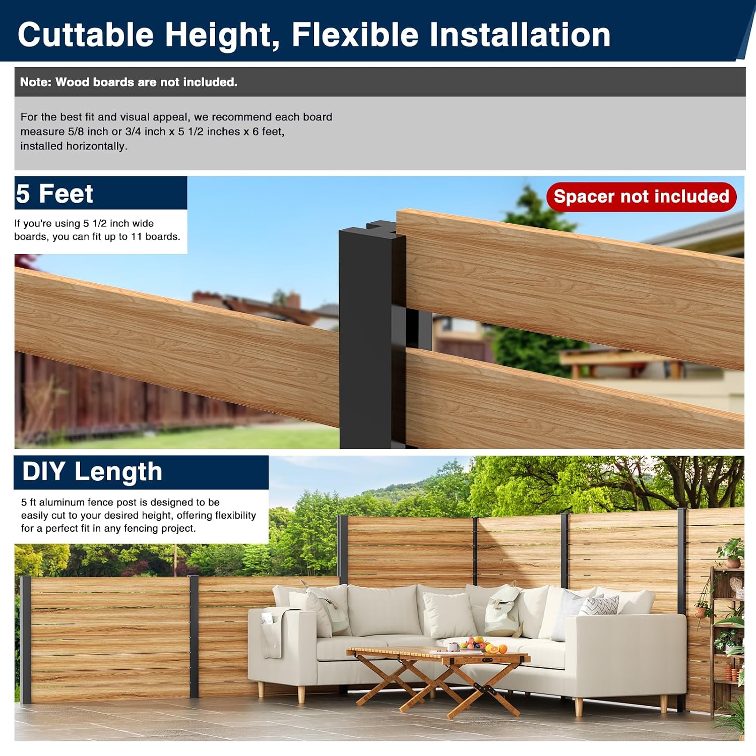 5 Feet Aluminium Alloy Fence Post Matte Black Metal Wood Fence Column for Outdoor Privacy Panels(2 Pack Line Post)