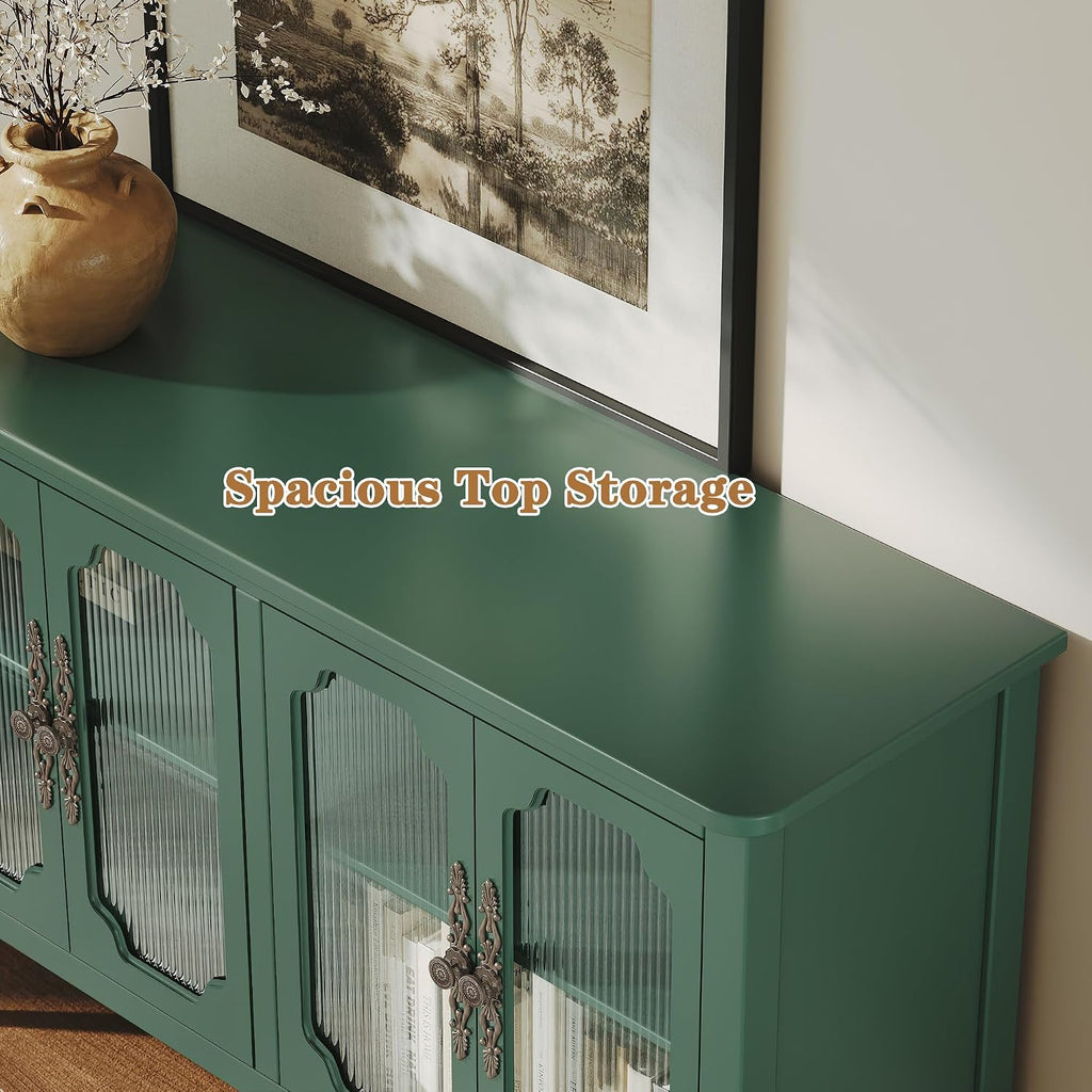 Vintage Buffet Sideboard with 4 Glass Doors, 48' Mid Century Style Storage Cabinet with Shelves, Deractive Crezada, Green Accent Cabinet for Living Room, Kitchen