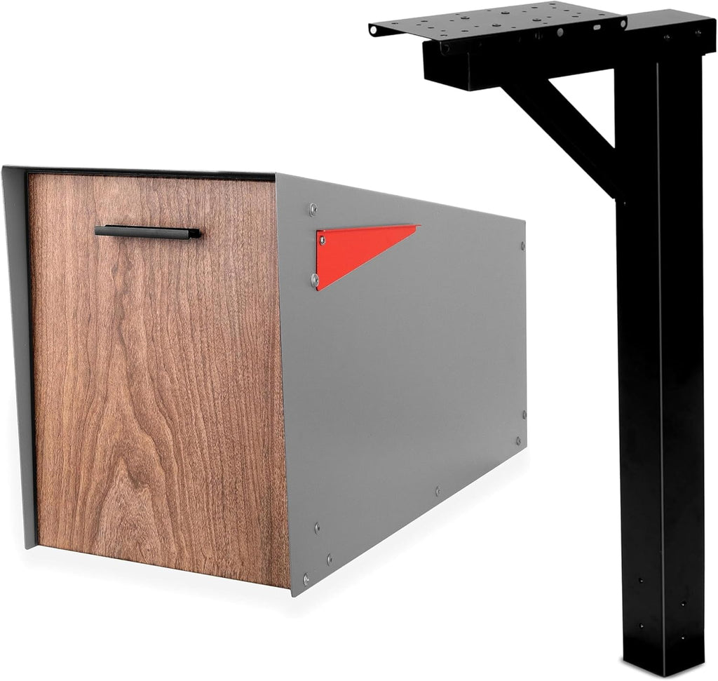 Ilyapa Modern Gray Mailbox with Angled Design & All-Weather Resistance, Paired with a Black Metal Post & Universal Mounting for Easy Outdoor Installation.