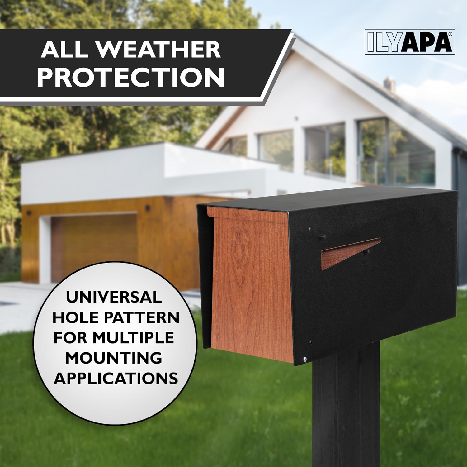 Ilyapa Modern Mailbox for Post Mount - Black Powder Coated Metal Mailbox with Cherry Wood Door - Waterproof for Parcels, Recessed Magnetic Close Door