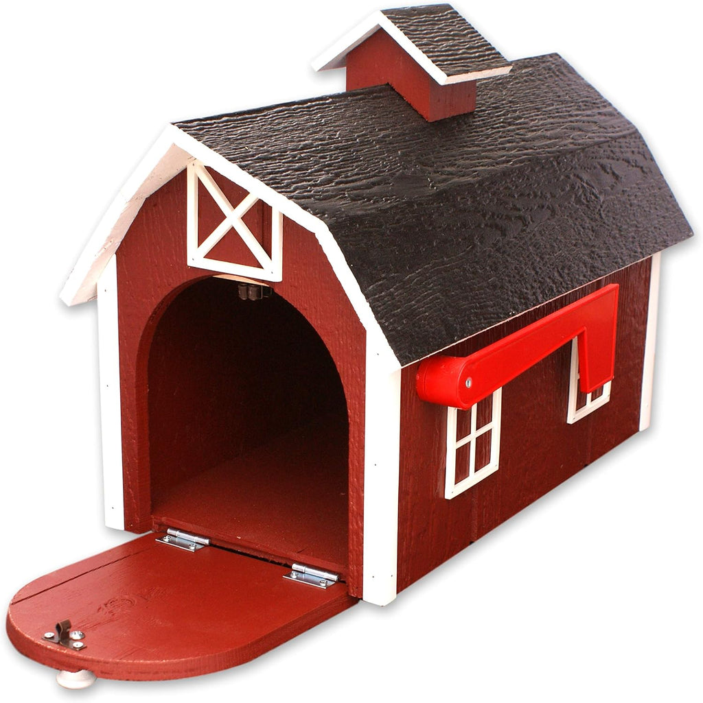 Deluxe Wooden Mailbox, Dutch Barn Style (Red with White Trim)
