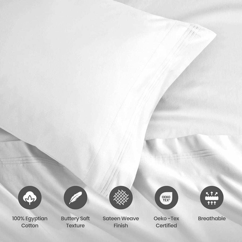 Superior Egyptian Cotton 4 Piece Sheet Set, Luxury 1500 Thread Count, Eco-Friendly, Sustainable Sheets, Ultra-Soft Basics, Solid, Deep Pocket Fitted Sheet, Flat Sheet, Pillowcases, Full, White