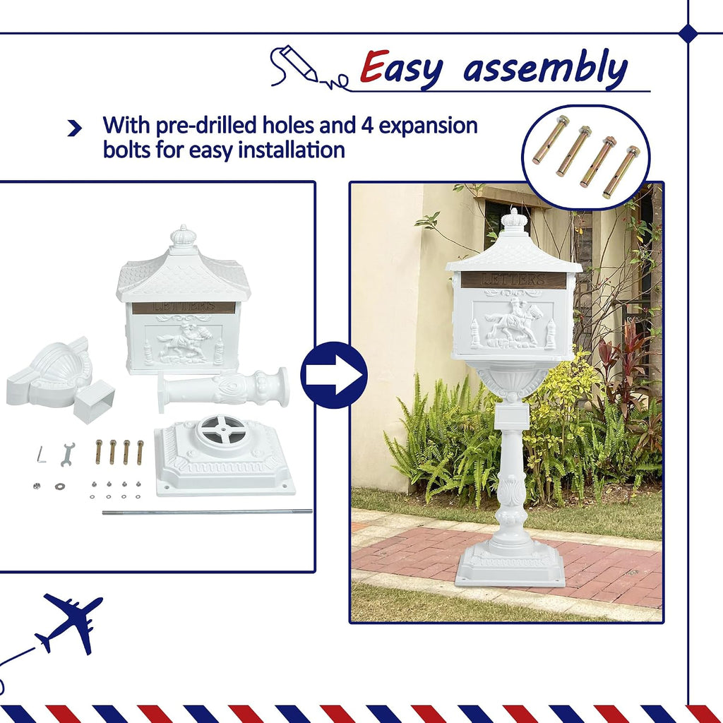 Retro Locking Mailboxes for Outside Aluminum Freestanding Mailbox with Post, Heavy Duty Mail Boxes for House with Post, White