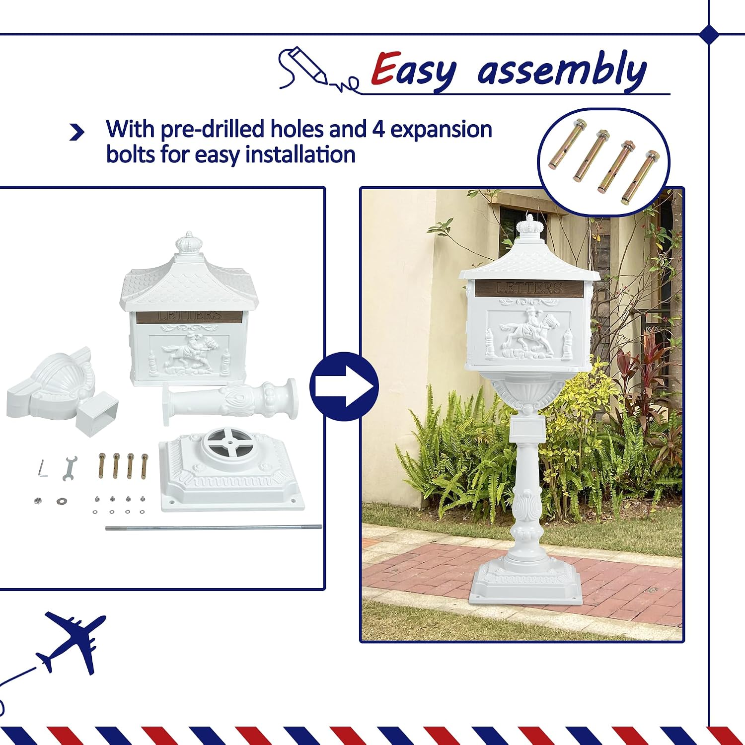Retro Locking Mailboxes for Outside Aluminum Freestanding Mailbox with Post, Heavy Duty Mail Boxes for House with Post, White