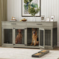 Rophefx 72' Dog Crate Furniture for 2 Dogs, Large Double Dog Kennel Indoor Furniture with 2 Storage Drawers and Removable Divider, Wooden Dog Cage with 4 Bowls, Dog House TV Stand for Medium Dog, Grey