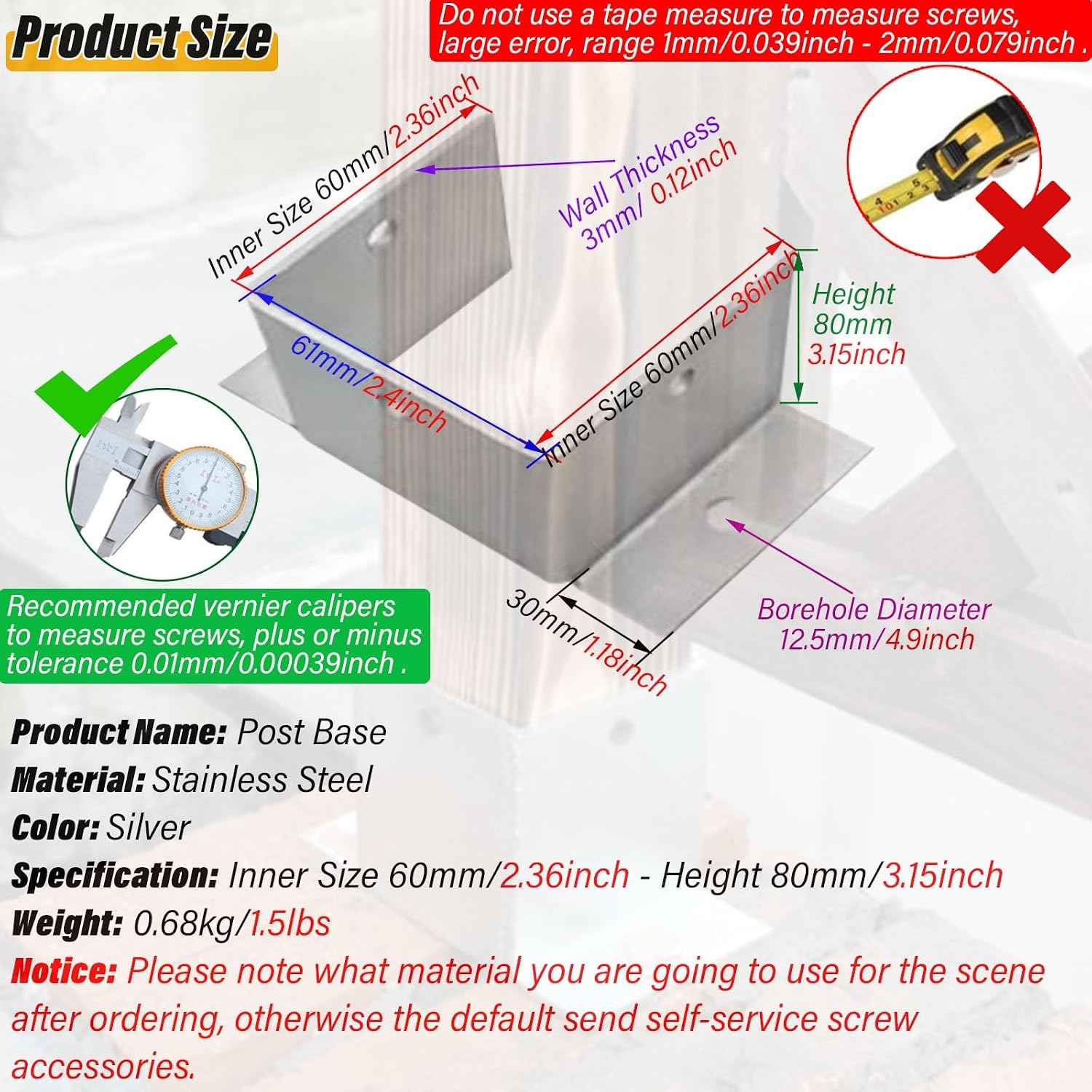Stainless Steel Post Base, Large Railing Post Brackets/Heavy Duty Fence Post Anchor Fence Post Mounting Bracket for Wooden Posts Mailboxes Deck Post Fence Post, 4 Pcs (Size : 60x60x80mm/2.4x2.4x3.2i