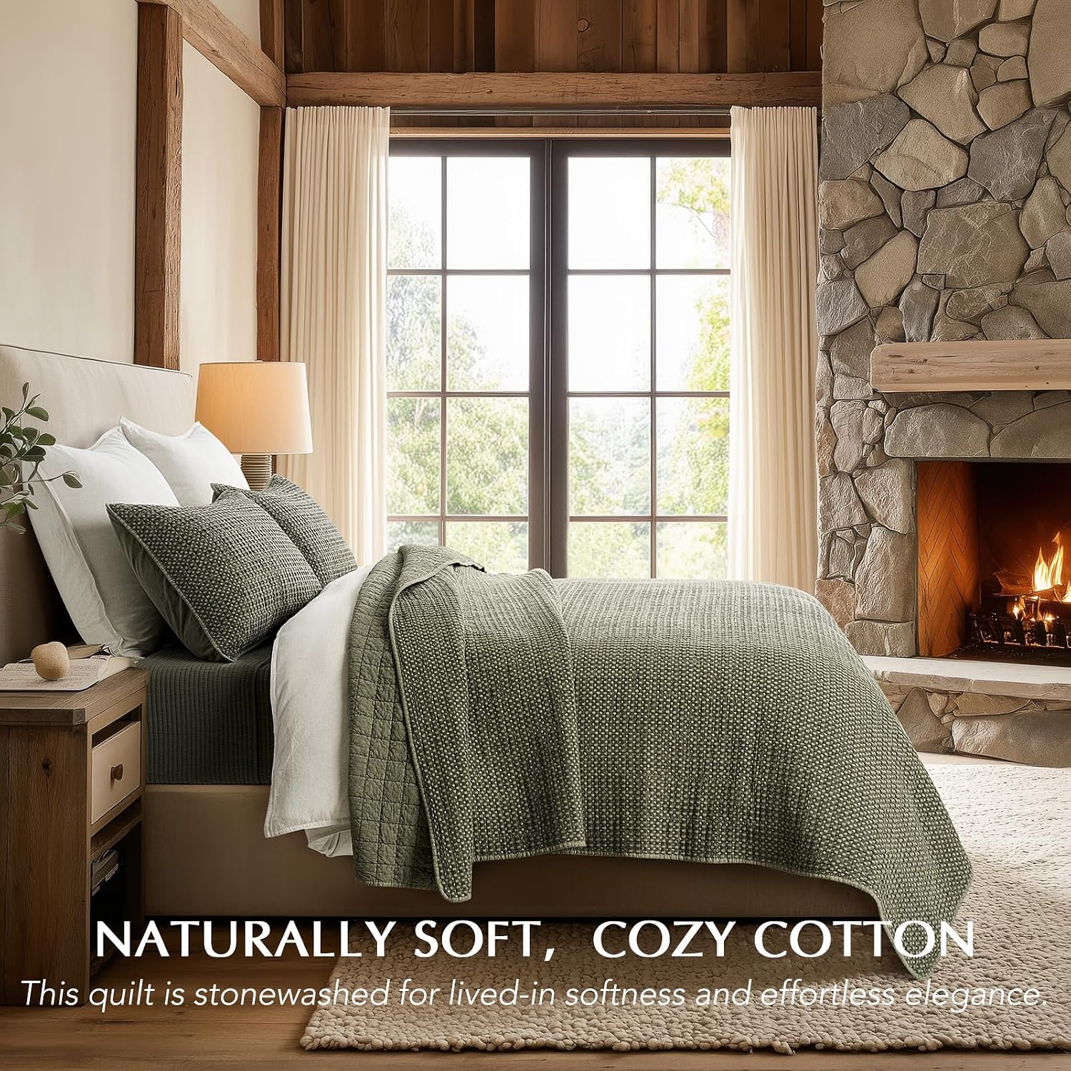 EverGrace Stonewashed 100% Natural Cotton Waffle Quilt Set Queen Size 3 Pieces, Durable, Textured & Substantial Bedding, Quilted Coverlet Bedspread with 2 Shams for All Seasons, Olive Green