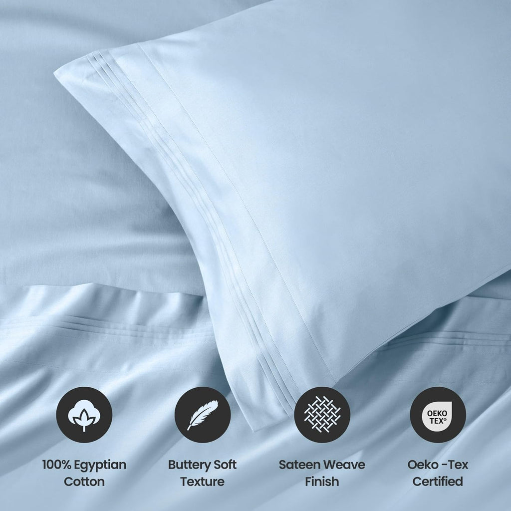 Superior Egyptian Cotton 4 Piece Sheet Set, Luxury 1000 Thread Count, Modern Design, Sustainable Sheets, Ultra-Soft Basics, Solid, Deep Pocket Fitted Sheet, Flat Sheet, Pillowcases, King, Light Blue
