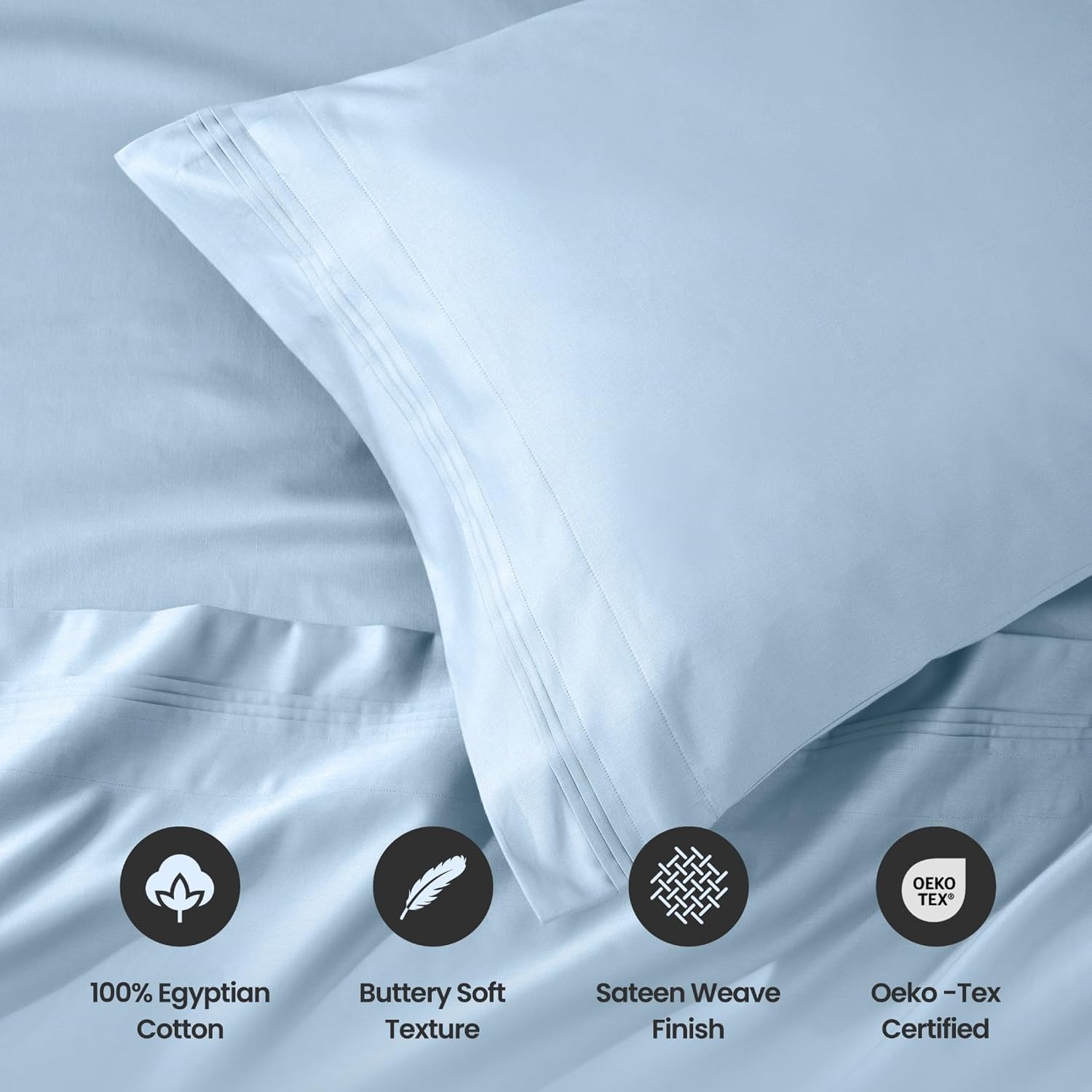 Superior Egyptian Cotton 4 Piece Sheet Set, Luxury 1000 Thread Count, Modern Design, Sustainable Sheets, Ultra-Soft Basics, Solid, Deep Pocket Fitted Sheet, Flat Sheet, Pillowcases, King, Light Blue