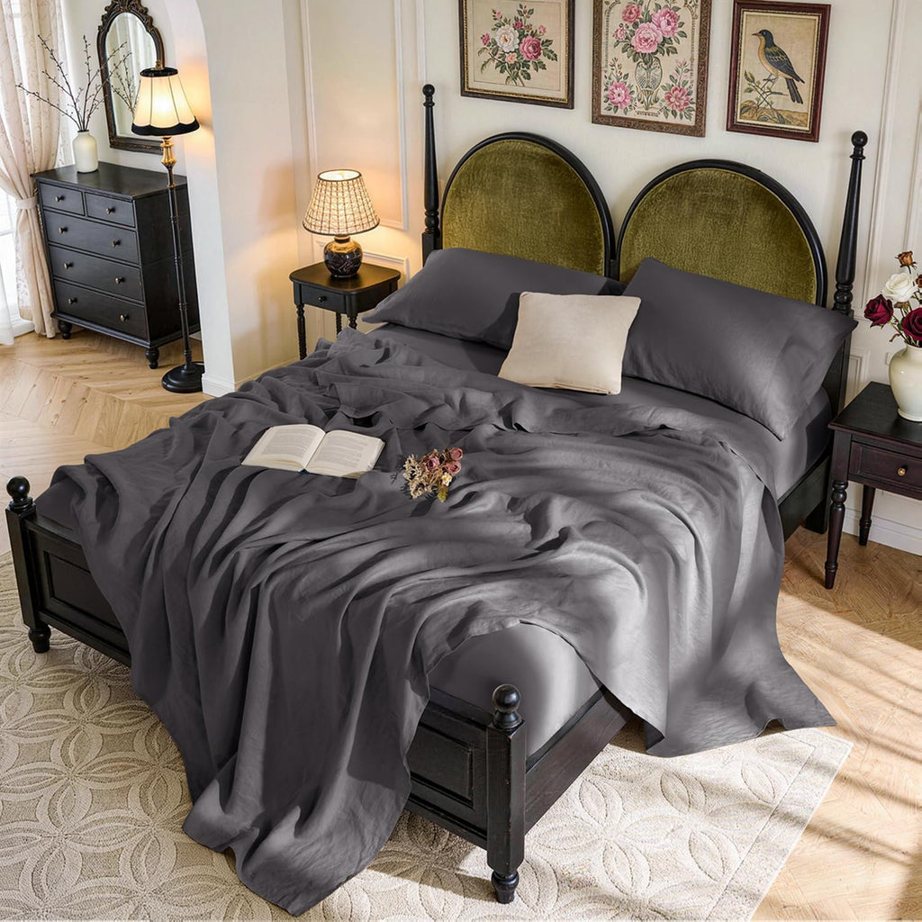 SONORO KATE 100% French Pure Linen Sheets, Breathable and Durable Linen Queen Size Sheets, Anti-Tear Linen Bed Sheets, Machine Washable, 16 Inch Deep Pocket - 4 Piece (Dark Grey, Queen)