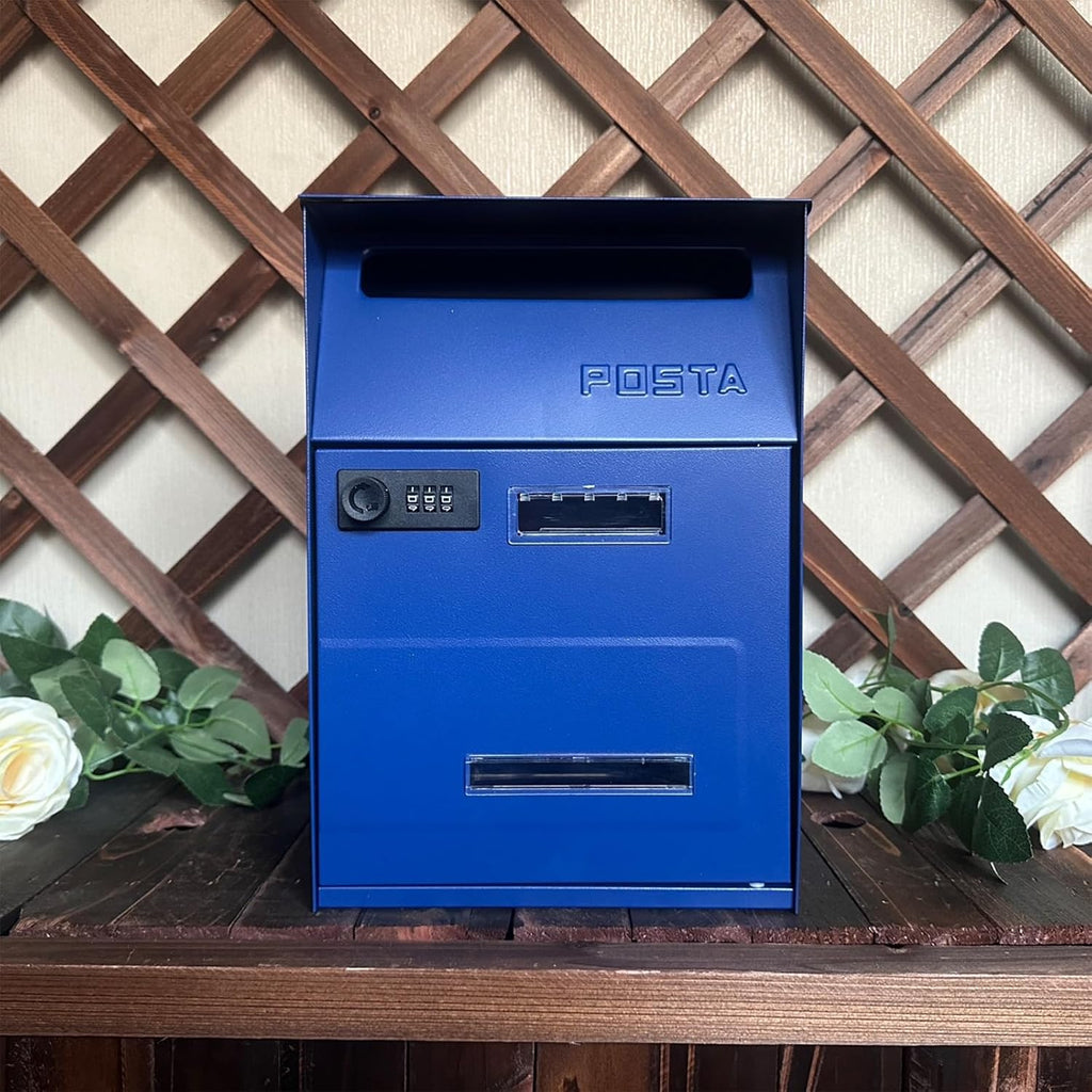 MELPHI Metal Mailbox with Combination Lock, Hanging Secure Post Box, Weatherproof Secure Mail Box for Envelope, Letter, Outside, Home, Office Business (Color : Blue)