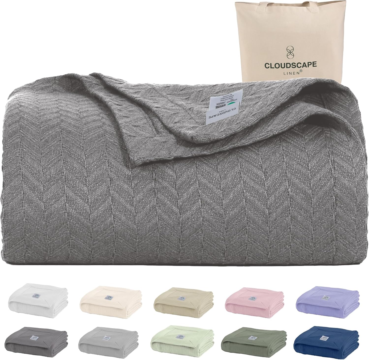 CLOUDSCAPE 100% Cotton King Size Blanket, Soft Herringbone Weave, 92'x108', Fits Upto Cal King, Breathable Lightweight Summer King Cotton Blanket for Adults, All Season Blankets - Sharkskin