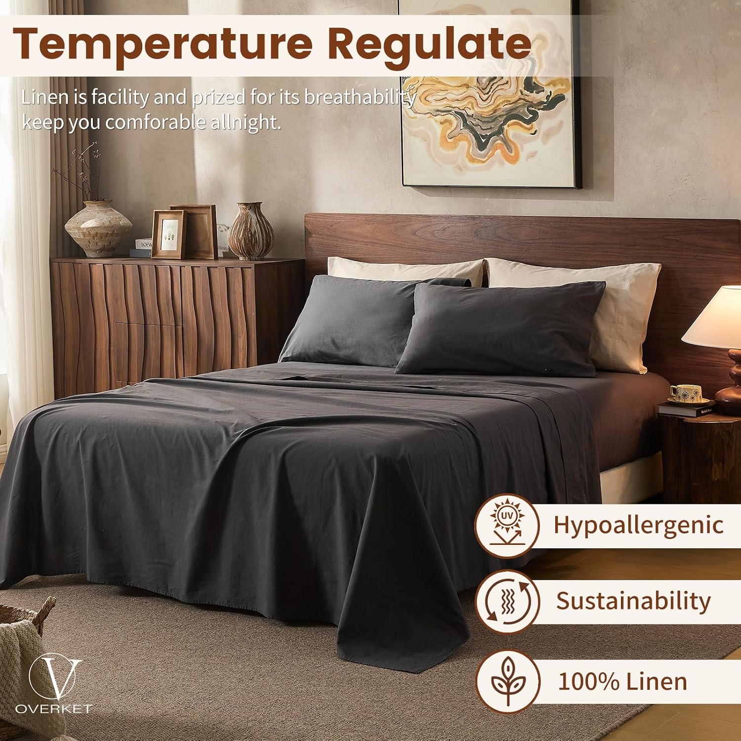 100% Linen Sheets Queen Size,Breathable & Durable 4-Piece Bed Flax Sheet Set,Soft All-Season Bedding for Hot Sleepers 16' Deep Pocket Oeko-TEX Certified,（Queen, Dark Grey）