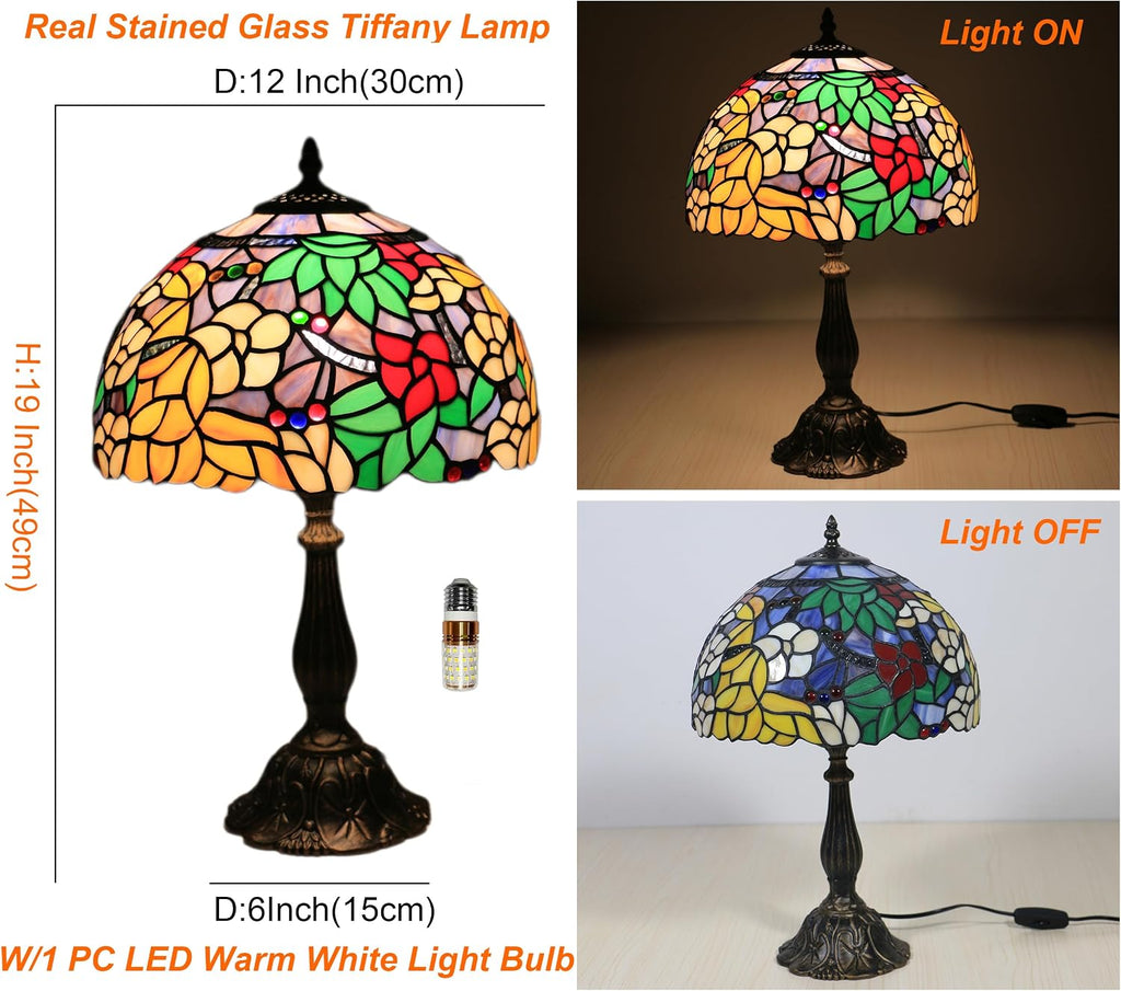 Tiffany Table Lamp for Living Room,Camellia Flower Stained Glass Lamp Shades for Bedside Nightstand Table LampsW/LED Bulb,12X12X19 Inch Tall Home Office Reading Dining Room Desk Lamps